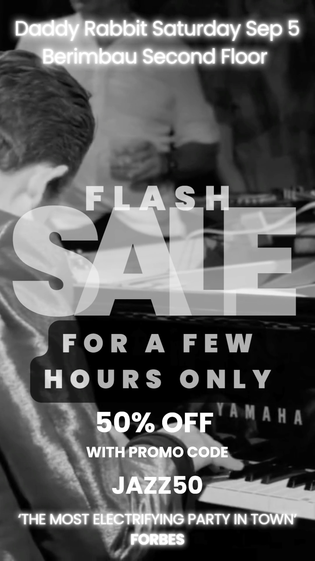 We're hosting the most thrilling live music party in town next Saturday 5th @berimbau.secondfloor and to celebrate Labor Day weekend we're offering a whopping 50% off for a few short hours! Use code JAZZ50 at checkout and see you there. Tickets: https://daddy-rabbit.turntabletickets.com #jazz #livemusic #nyc #cocktails #laborday