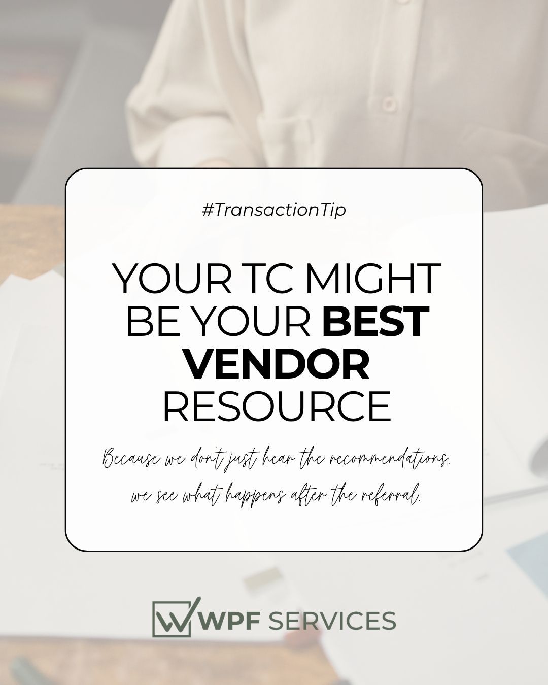 Need a vendor recommendation? You may want to ask your TC first.
One of the most overlooked parts of our role is the number of professionals we get to see work inside real transactions.
We work across different agents, clients, properties, timelines, and situations. And over time, you start to notice patterns.
We notice who communicates without needing three follow-ups.
Who does what they say they're going to do.
Who keeps everyone informed when something changes.
Who handles a problem calmly instead of disappearing.
And who consistently makes the transaction easier for the agent and the client.
Because a great vendor isn't just someone who does good work. They're someone who works well inside a transaction. There's a big difference.
So if you're ever looking for a lender, title company, inspector, photographer, stager, moving company, or another real estate professional, don't be afraid to ask your TC.
We may not know everyone in your market. But if we've worked with someone enough times to recommend them, we can usually tell you exactly why.
What vendor do you always keep on your referral list?
#wpfservices #transactionmanagement #transactioncoordinator #floridarealestate #pnwrealtors #georgiarealestate