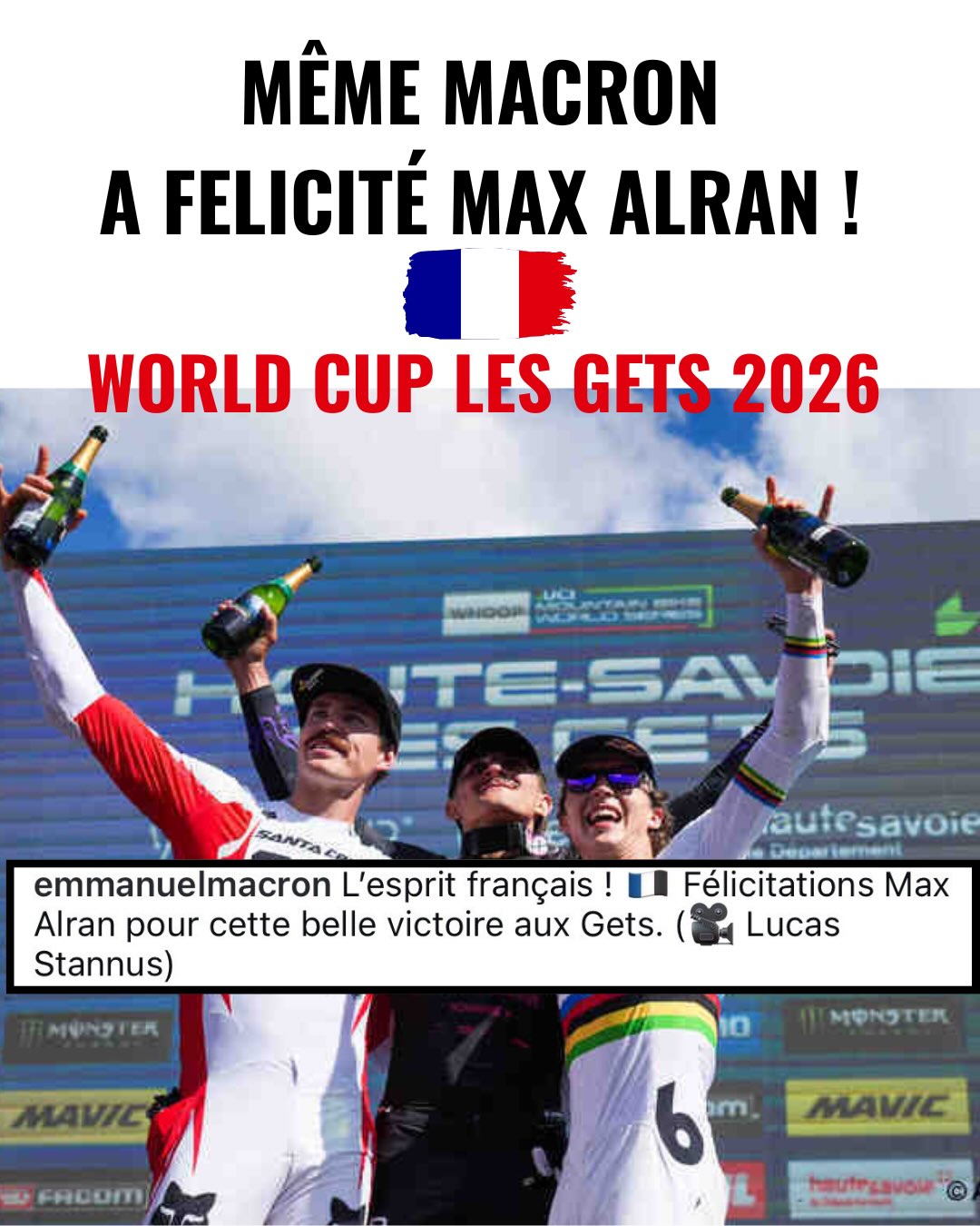 🏆MAX ALRAN S’EST OFFERT LES GETS ! 🇫🇷
En remportant l’étape (mythique) de coupe du monde aux Gets, Max Alran a conquis le cœur du public.
Les vidéos de la foule qui envahit la piste ont inondés les réseaux !
Ce qui lui a également valu les félicitations du président 🙌
Crédit 📸 l’agence Zoom & Nils Louna
#mountainbike #worldcup