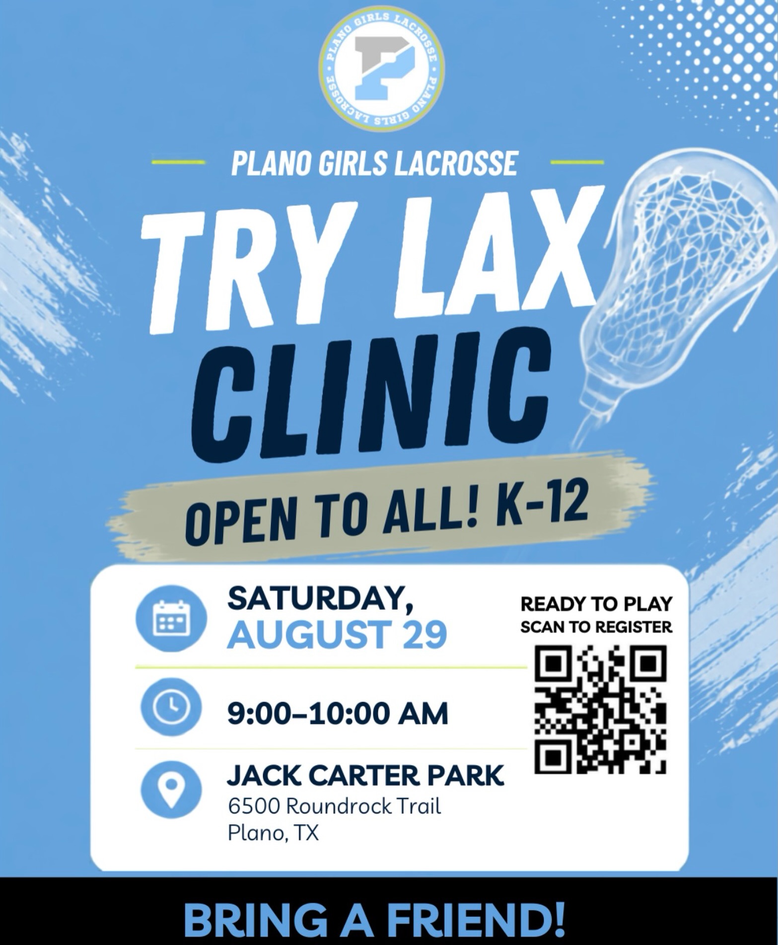 🥍 All Are Welcome!
Come out and give lacrosse a try at our FREE Try Lacrosse Clinic! No experience needed, K-12! Come learn the basics, and see if lacrosse is the sport for you!
Screenshot and scan the QR code to register! Bring a friend and come see what it’s all about! 🥍
DM with any questions!
#PlanoGirlsLacrosse