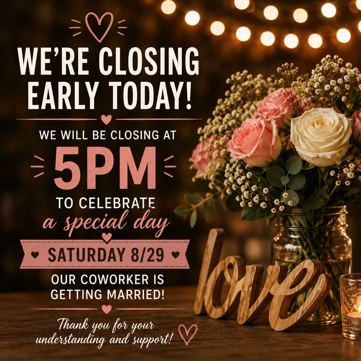 Congratulations Fermin & Monica! 🎉
Closing at 5pm this Saturday 8/29 to party!
See you on Monday!