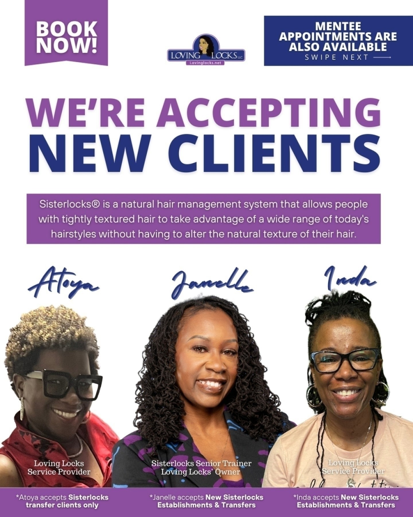 We’re accepting new clients at Loving Locks! ✨
Whether you’re starting your Sisterlocks® journey or continuing with transfers, Loving Locks is here to support you every step of the way. 💕
🌟 Janelle – Accepting New Sisterlocks® Establishments & Transfers
🌟 Atoya – Accepting Sisterlocks® Transfer Clients Only
🌟 Inda – Accepting New Sisterlocks® Establishments & Transfers
Plus ➡️ Mentee Appointments are available! Trained and supervised by Senior Trainer Janelle, mentees provide Sisterlocks® services with by-the-book techniques. Swipe next to learn more!
#Sisterlocks #SisterlocksConsultant #plymouth #michigan #sisterlocksrock #sisterlocksjourney