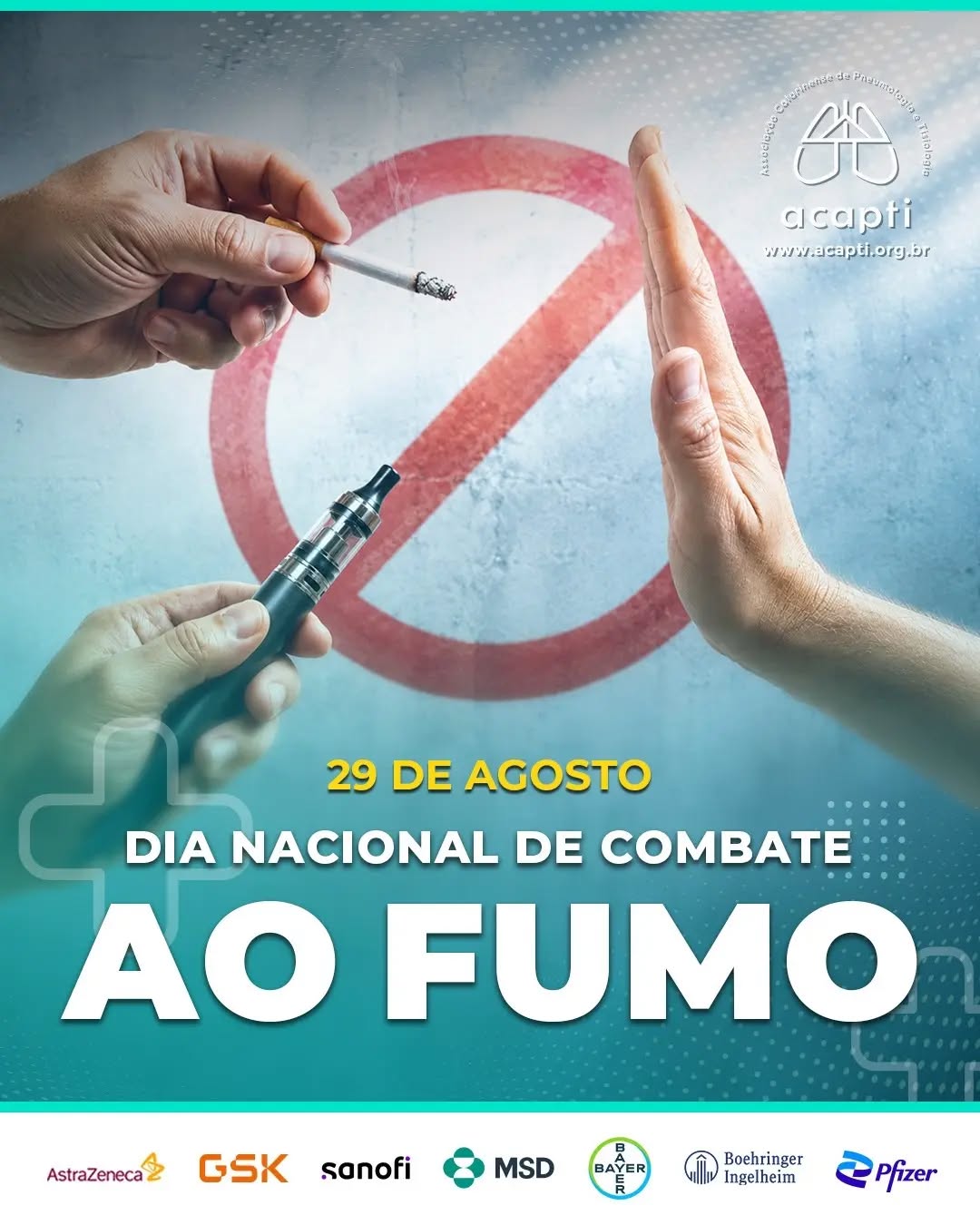29 de agosto Dia Nacional de Combate ao Fumo
O tabagismo é uma doença crônica causada pela dependência de nicotina e continua sendo um importante desafio para a saúde pública. Além de estar associado a diversas doenças, o consumo de tabaco compromete a saúde respiratória, cardiovascular e o desempenho físico.
Em 2026, a campanha traz o tema: “Atividade física e saúde: treinar não combina com fumar”. 🏃♀️🚴♂️
A prática de exercícios pode ser uma importante aliada para quem deseja parar de fumar, contribuindo para o bem-estar e auxiliando no controle da vontade de fumar. Ao mesmo tempo, é fundamental reforçar o alerta sobre os riscos dos cigarros eletrônicos e de outros produtos que contêm nicotina, especialmente entre crianças e adolescentes.
Reduzir a prevalência do tabagismo é responsabilidade de todos. Pratique atividade física, adote hábitos saudáveis e lembre-se: treinar não combina com fumar!
Texto: Profa. Leila John Marques Steidle
O texto completo estará disponível em nosso site: acapti.org.br