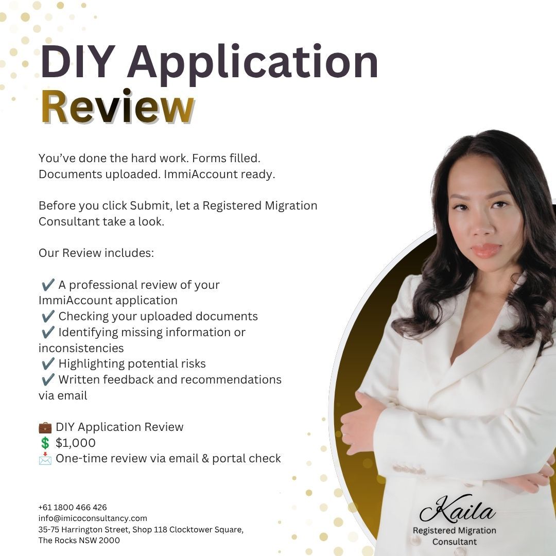 Get Extra Confidence Before You Hit Submit
Prepared your visa application yourself? Let a Registered Migration Consultant review it and provide professional feedback to help identify potential issues before it reaches the Department.
You prepare. We review. You submit with confidence.
Book your consultation via http://talk2us.immico.au/