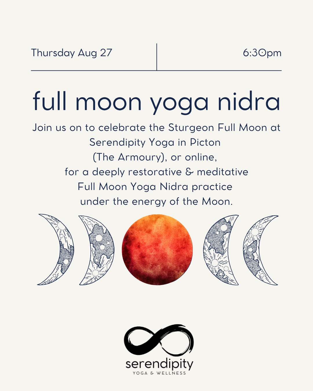 The full moon is arriving this week, and she’s bringing a little extra drama.
Thursday night, the Sturgeon Moon will rise as part of a beautiful celestial show, with a partial lunar eclipse giving the moon a reddish glow. After a summer filled with a total solar eclipse and the Perseid meteor shower, the sky is keeping things interesting.
And while the moon does its thing, we’re going to do ours: slow down.
Join us at 6:30pm this Thursday at Serendipity Yoga for a special Full Moon Yoga Nidra practice, an opportunity to reset the nervous system, rest deeply and restore.
No striving. No sweating. No complicated poses. Just get comfortable, close your eyes and let yourself be guided into deep rest.
In person or online, you choose.
Come take a pause from the busy-ness of August and give your nervous system the gift of doing absolutely nothing for a little while.
Thursday | Full Moon Yoga Nidra
In studio + online
Save your spot and join us for a little lunar inspired rest and restoration. Your nervous system will thank you.
#serendipityyoga
#yogapec
#healthymovementyourway
