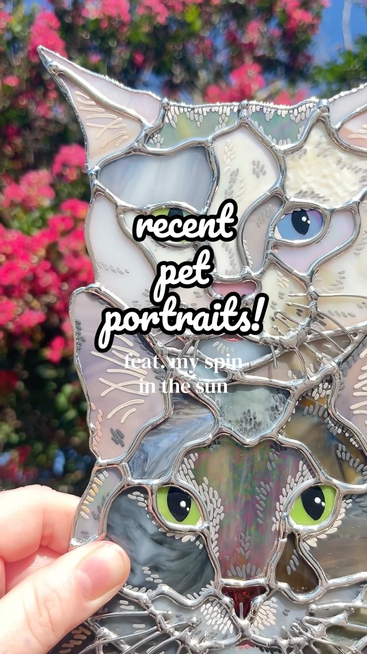 Y’all real talk: I have not been posting as much as I would like to! Need to focus more on creating and not just lurking. 😂 Huge thank you again to everyone who entered our giveaway recently - our winner chose class spots, but you are still welcome to inquire about a pet portrait anytime. Here’s a few we’ve done recently, featuring my classic spin in the sun™️ #stainedglassartist #stainedglass #glassartist #petportraiture #petportraitart