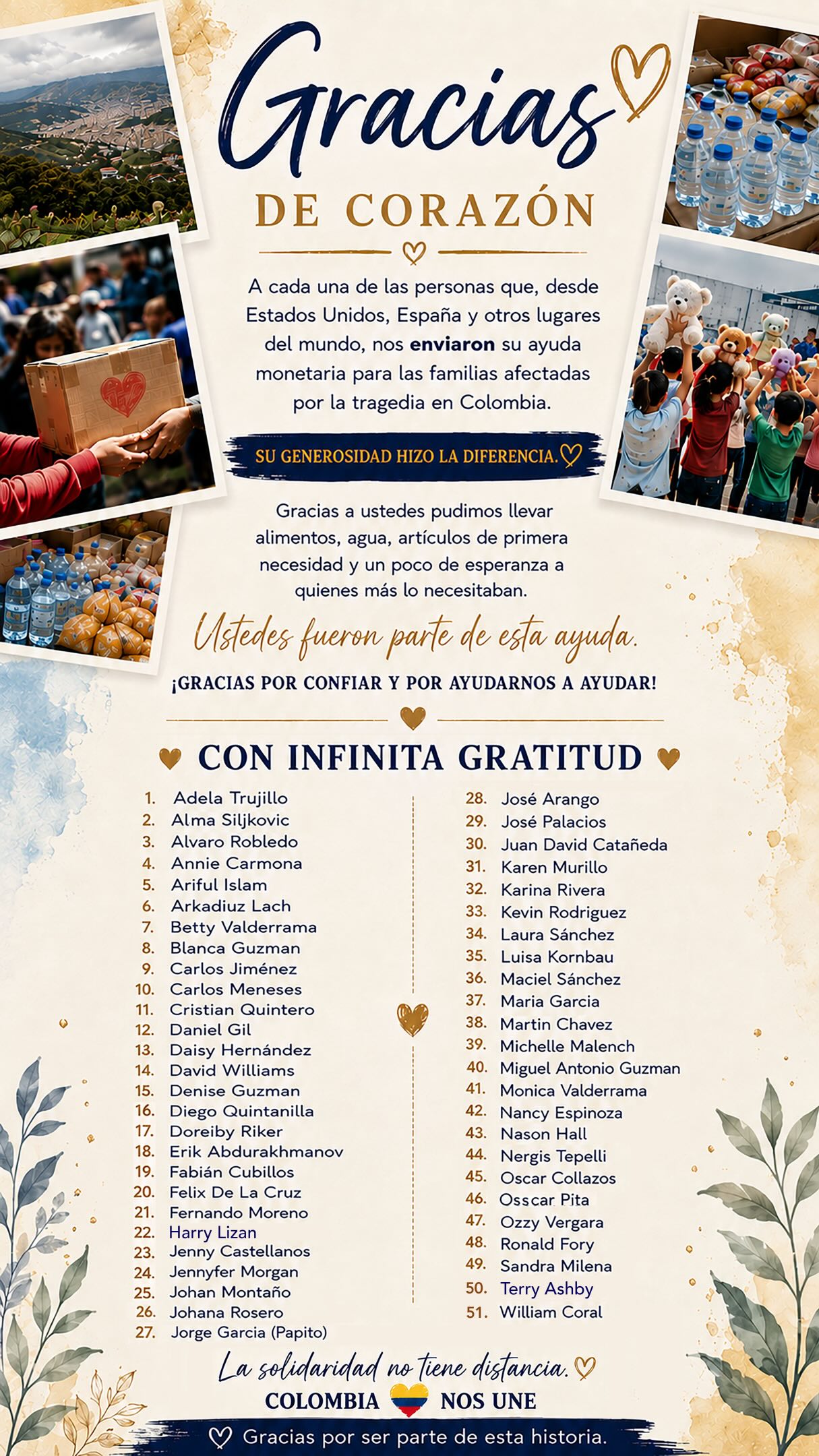 Dos semanas después del terremoto, ahora solo podemos decir GRACIAS. ❤️🇨🇴
Gracias a cada persona que confió, donó y puso su granito de arena desde cualquier parte del mundo. Cada aporte se convirtió en ayuda real para quienes más lo necesitaban.
Que Dios los bendiga y les multiplique cada gesto de amor y generosidad. 🙏❤️
Gracias por ayudar a Colombia 🇨🇴✨
#GraciasPorAyudar #FuerzaColombia #Solidaridad #UnidosPorColombia #AyudaHumanitaria @avlful @josepalacior @castaneda.juand @xmariagarciax @cubillosfabian @lauraxssanchez @j__montano_ny @lovev17 @k_aesthetics_wellness @0sscarxd @adela.trujillo24 @martinchavez331 @kevinny_93 @nasonhall @naes7496 @oscarc_22 @willcor17 @djronaldny @alvarorobledo @nergyyy @ericka_moncada @anniiee19 @soybettyvalderrama @terryashby @johamarcrose @nasonhall