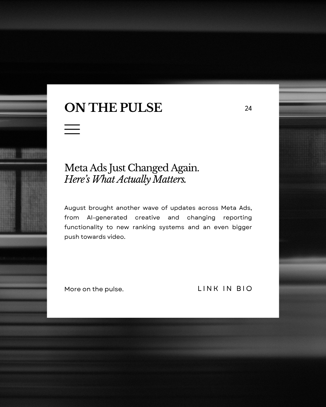 —— Chapter 24 • Meta Ads just changed again.
Meta’s latest updates are pushing advertising further towards AI, automation and creative-led performance. The way campaigns are built is shifting, but the fundamentals of good advertising haven’t.
Here’s what actually matters and where brands should be focusing next.
Read the full article • link in bio.
www.beonmedia.com.au/thepulse
