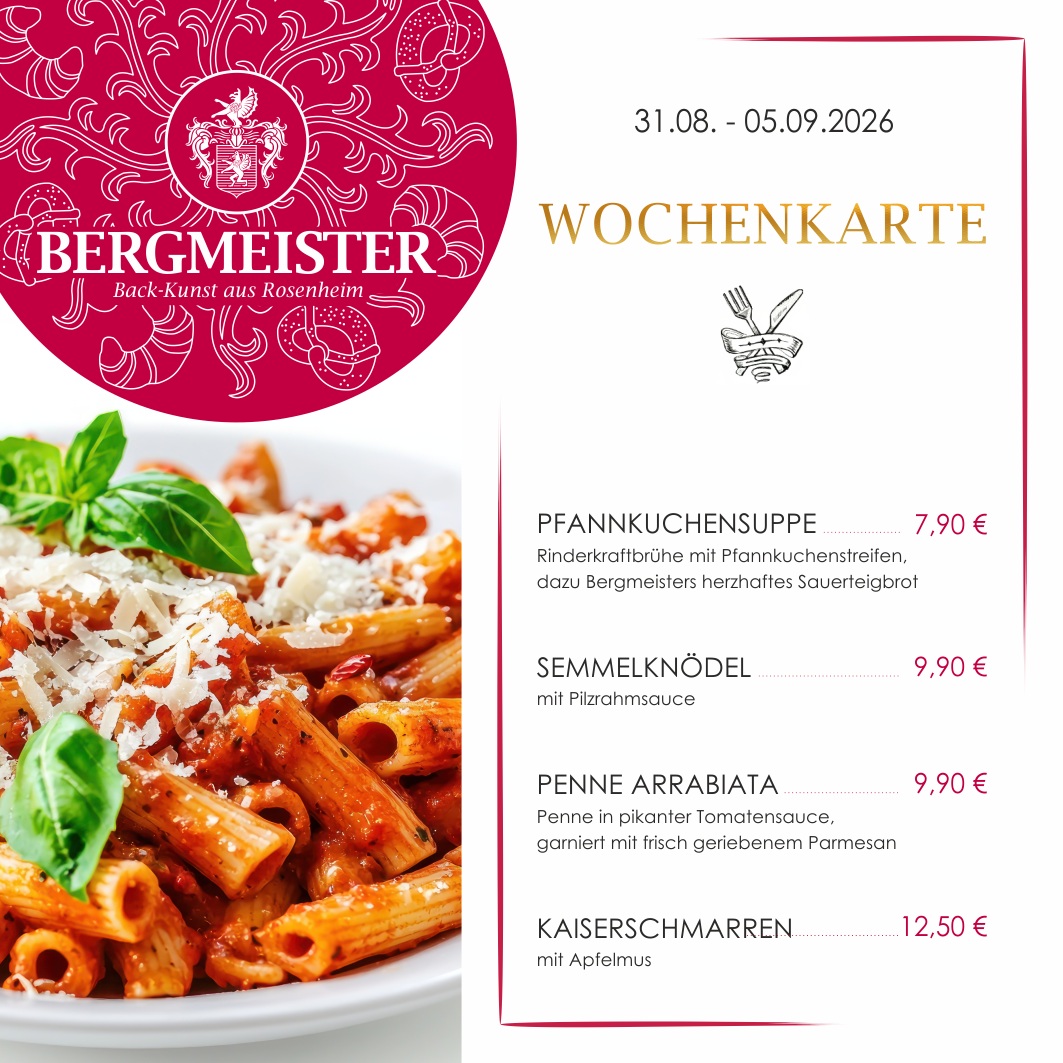 🍽️ **Neue Wochenkarte im Café BERGMEISTER!** 🍽️
Ab morgen wird’s wieder lecker: Für eure Mittagspause warten vier neue Schmankerl auf euch – perfekt für eine genussvolle Auszeit vom Alltag. 😋
🥣 **Pfannkuchensuppe** – klassisch und herzhaft
🍄 **Semmelknödel mit Rahmschwammerl** – cremiger Pilzgenuss
🌶️ **Penne Arrabbiata** – feurig, würzig und voller Geschmack
🍎 **Kaiserschmarren mit Apfelmus** – süßer Abschluss für echte Genießer
Ob herzhaft oder süß, vegetarisch oder würzig: Bei uns findet jeder sein Lieblingsgericht. Kommt vorbei, macht es euch gemütlich und gönnt euch eine genussvolle Mittagspause!
Wir freuen uns auf euch! ❤️
Euer Team vom Café BERGMEISTER
#cafébergmeister #bergmeister #Leckereien #Schmankerl #FoodieHeaven #LeckerEssen #EssenWieBeiMama #herzhaft #pfannkuchensuppe #rahmschwammerl #pennearrabiata #kaiserschmarren #mittagspause #lunchbreak #maxjosefsplatzrosenheim #rosenheim #pause #mittagessen #frischeküche #wochenkarte
