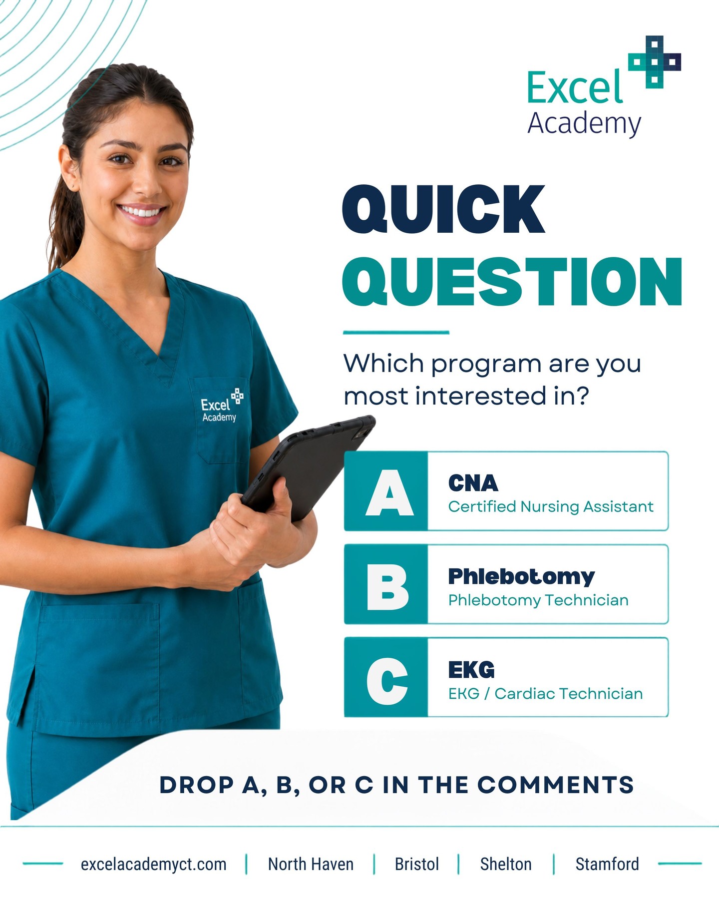 We’re helping students take the first step toward a career in healthcare with hands-on training and programs designed to get you moving toward your goals! ⠀
⠀
Drop A, B, or C in the comments and tell us which program you’re most interested in!⠀
⠀
Ready to get started?⠀
#excelacademy #cnatraining #phlebotomy #ekgtechnician #healthcarecareers