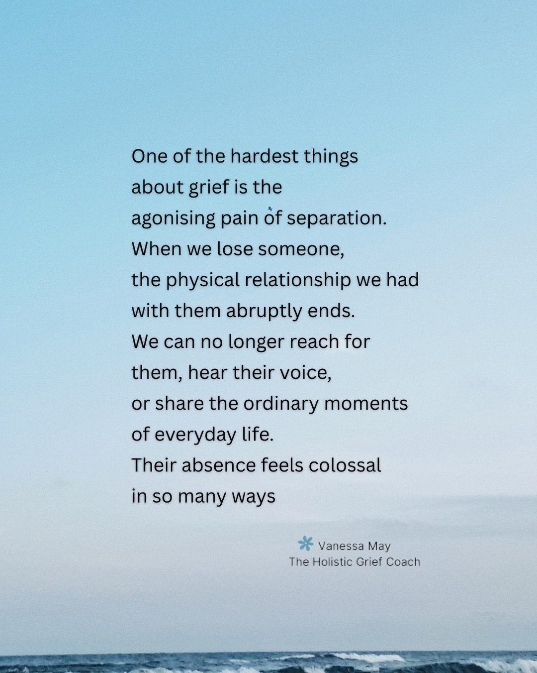 One of the hardest things about grief is the agony of being separate from those we love, this is particularly agonising with the loss of a child. Not being able to hug them, hear their voice and share ordinary moments we took for granted is just so painful. While all this is true, feeling separate and being separate are not quite the same thing because we continue our bond with them and nothing can ever break that connection 🤍
If this post resonates, please share, save, like and follow 🩶
.
#thereisnoseparation #lossofachild #bereavedmother #widow