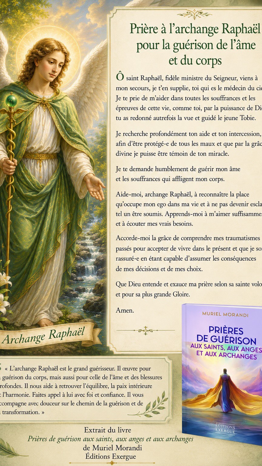 Prière à l’archange Raphaël pour la guérison de l’âme et du corps.
Écrivez « Amen » dans les commentaires si vous aussi, vous demandez à l’archange Raphaël de vous accompagner, de vous protéger et de vous aider à guérir.
Que cette prière apporte paix, réconfort et espérance à toutes les personnes qui en ont besoin. 🕊️
Extrait du livre Prières de guérison aux saints, aux anges et aux archanges, de Muriel Morandi, Éditions Exergue.
#ArchangeRaphaël #SaintRaphaël #Prière #PrièreDeGuérison #Guérison