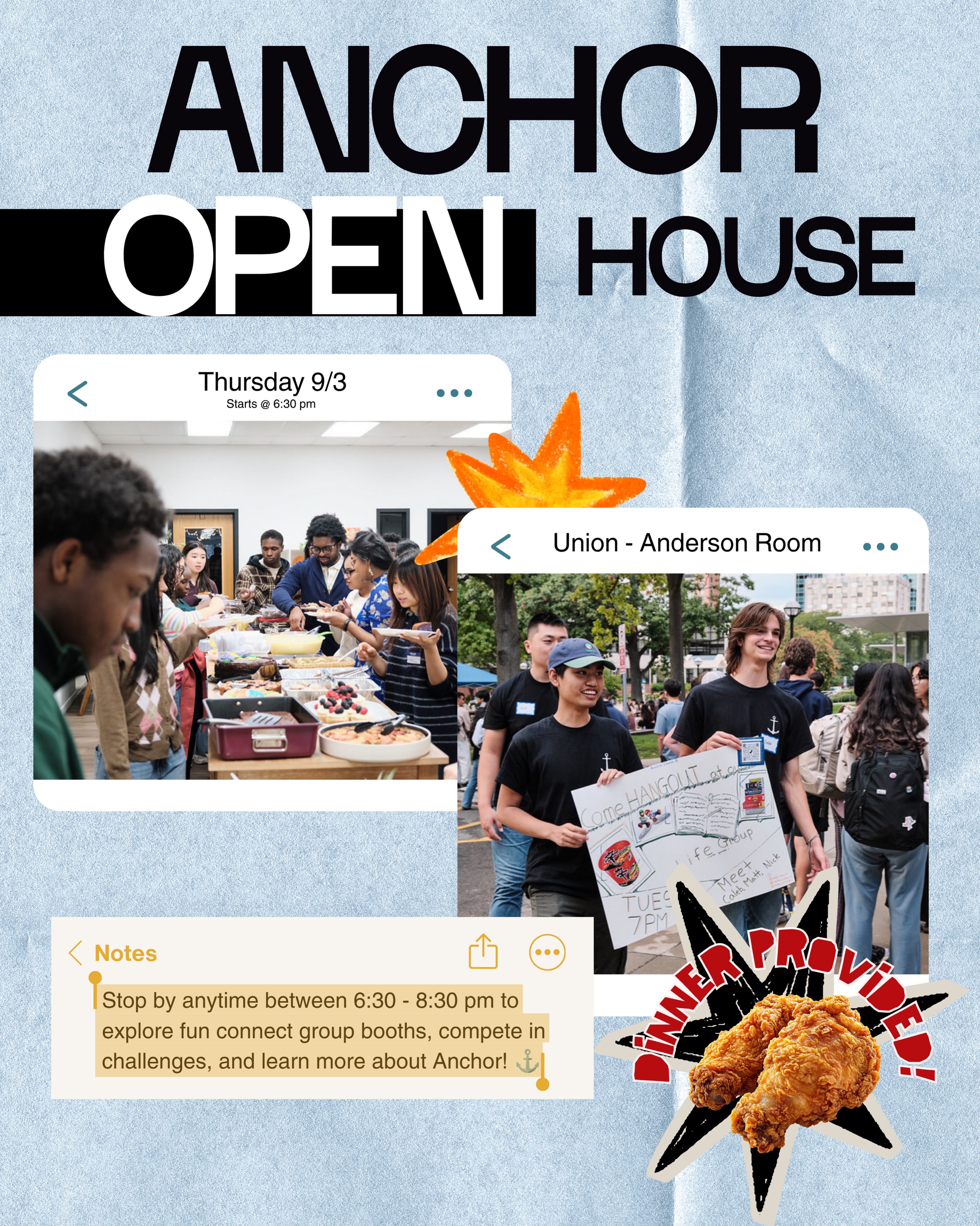 OPEN HOUSE IS 🥁💥🥁💥🥁💥
Next Thursday 9/3 !!!
We’re talking ….
📣💥 Small groups
🦅🏀 Bible and Ball
📖 Public Reading of Scripture
🧀🌷 Charcuterie Chats
🍿🎥 Chosen Watch parties
… and more!
🗣️ come through between 6:30 - 8:30 pm to learn all about what we have coming up this fall 🤓 dinner is on us!
📍Michigan Union - Anderson Room