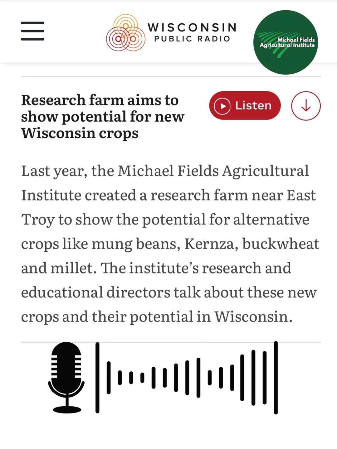 A big thank you to @wisconsinpublicradio for having MFAI Research Director Dr. Nicole Tautges and Education Director Dr. Esther Durairaj on Wisconsin Today to talk about the New Farm!
Located in Wisconsin’s Southern Kettle Moraine near @nature_wisconsin's Pickerel Lake Fen Preserve, the New Farm gives MFAI a place to explore how productive agriculture and conservation can work side by side.
Nicole and Esther shared how we’re researching alternative crops like Kernza perennial grain and mung beans, along with conservation practices including prairie strips and cover crops. The goal is to give farmers more options for diversifying their rotations while supporting healthier soils, resilient farms, and new market opportunities.
This work is especially important in a landscape where water moves through surrounding farmland into sensitive groundwater systems and nearby wetlands.
🎧 Listen to the full interview: https://tinyurl.com/MFAINewFarm
