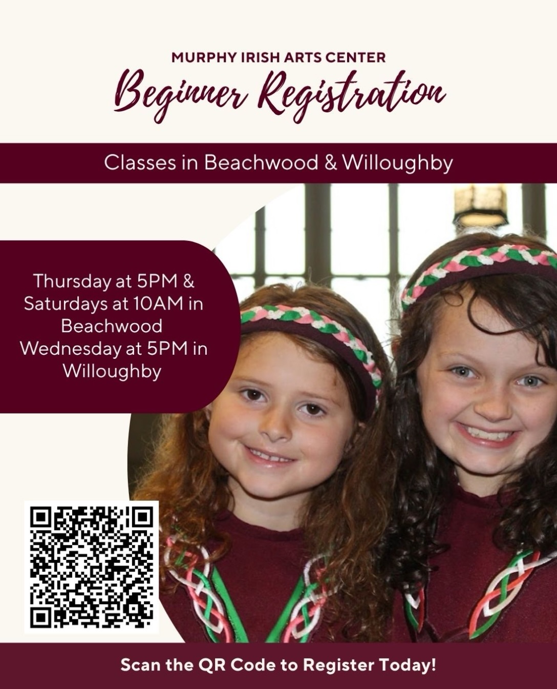 ☘️ BEGINNER IRISH DANCE! ☘️
Ready to take your first steps in Irish Dance? Join the Murphy Irish Arts Center family! Classes are available in Beachwood & Willoughby.
🍀 No experience necessary! Any questions? Contact us: murphydancers@gmail@com
Scan the QR code, visit our website, or copy the link to register today!
https://docs.google.com/forms/d/e/1FAIpQLSeSqec7mYnYQxsgr_4qy5Y2r1Nr-qOZ4Z9RdM8fL3lX38tPpw/viewform
#murphyirishartsproud #beginnerdance #irishdance #beginneririshdance #dance