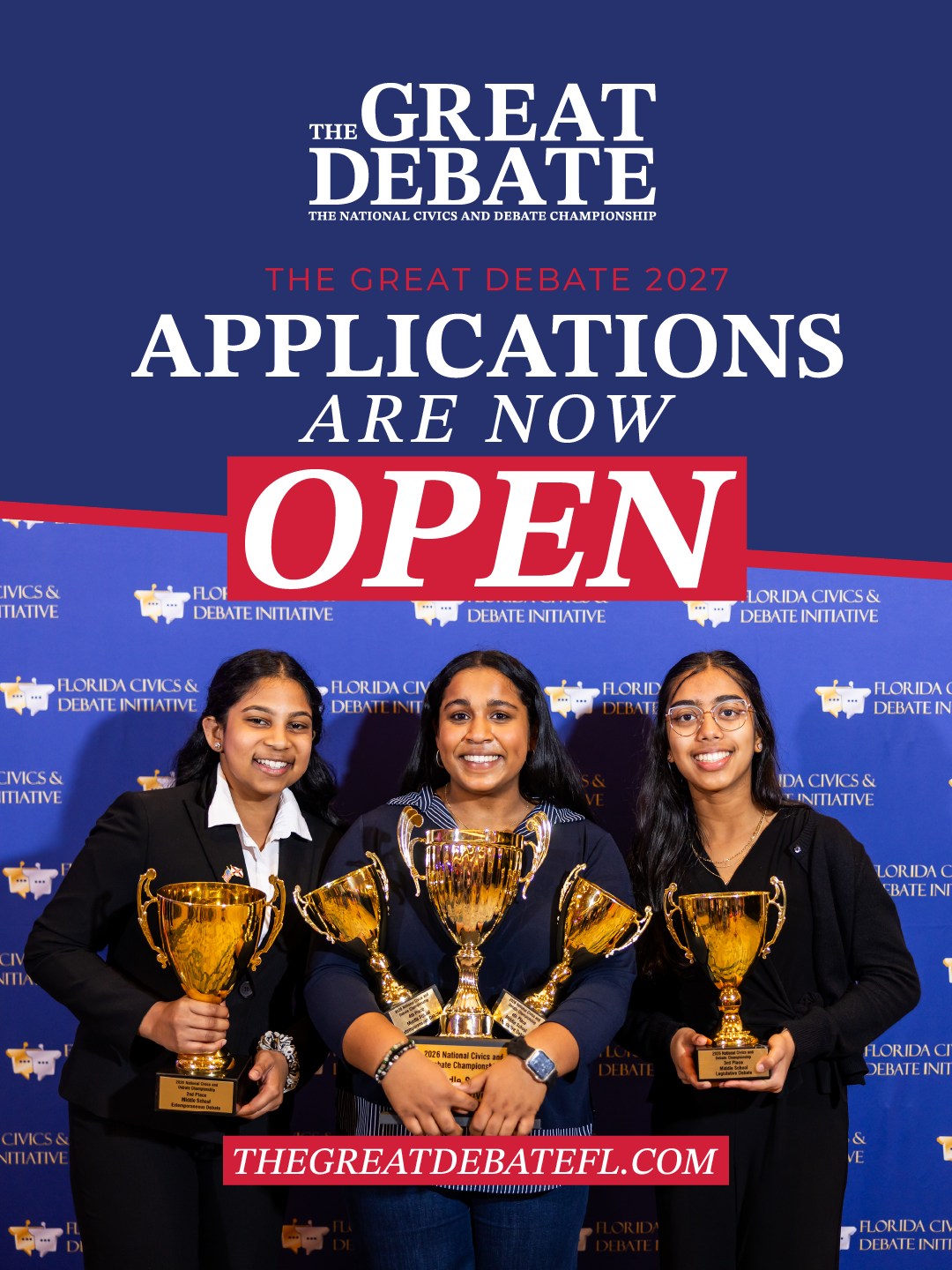 The wait is officially OVER! Applications for The Great Debate: The National Civics and Debate Championship are NOW OPEN! Students must apply before the October 2 deadline to secure your spot for the BIGGEST speech and debate event of the year!
Learn more about The Great Debate at thegreatdebatefl.com!