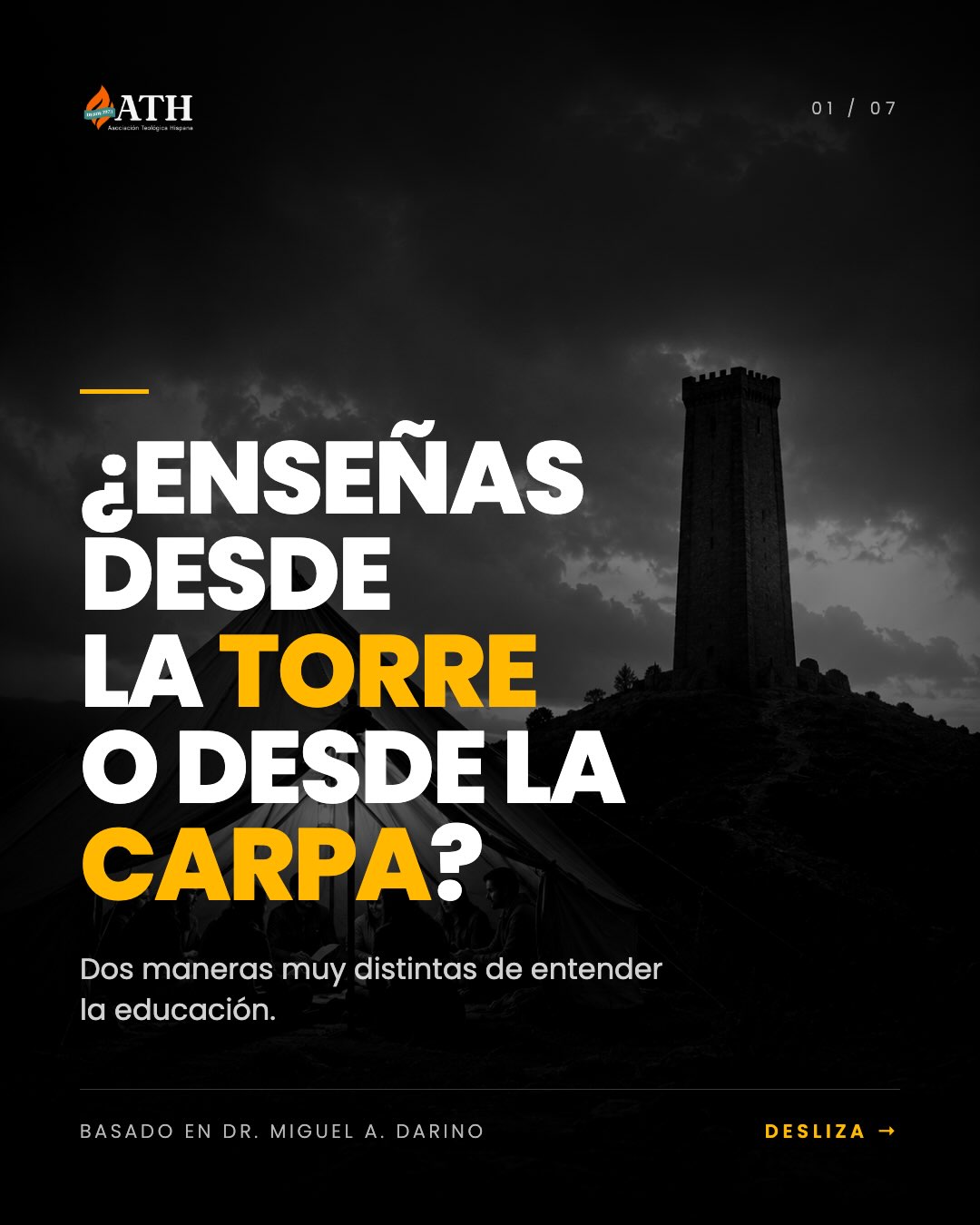 ¿Enseñas desde la torre o desde la carpa?
La torre controla: el conocimiento baja desde arriba y la distancia se vuelve parte de la enseñanza. La carpa acompaña: el educador se sienta, escucha y aprende junto a los demás.
Jesús enseñó en caminos, casas y mesas. Su enseñanza ocurrió cerca de las personas, dentro de la vida cotidiana.
La educación transforma cuando se encarna. El conocimiento encuentra propósito cuando sale del aula y entra en la vida.
¿Desde dónde estamos enseñando hoy?
Desliza y cuéntanos en los comentarios. Basado en Miguel A. Darino.
GUARDA · COMPARTE · CONVERSA
#EducaciónTeológica #FormaciónCristiana #Teología #Discipulado #pastores