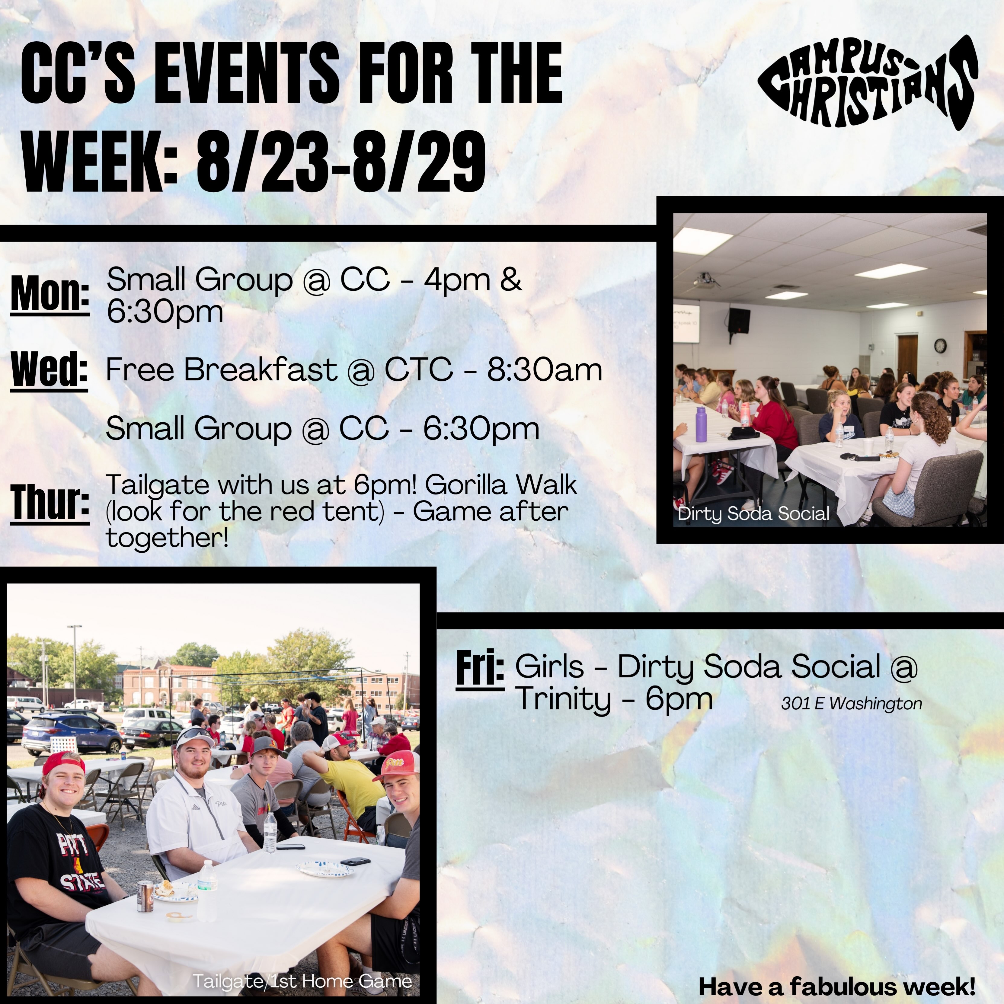 Week two, baby! Let’s get it 🏈
Our main event this week is the first home football game! Tailgate with us at 6pm on the Gorilla Walk area (east of the stadium, where Gorilla Village is). Look for our red tent with our fish 🐟 logo. See you around, Lord willing!
