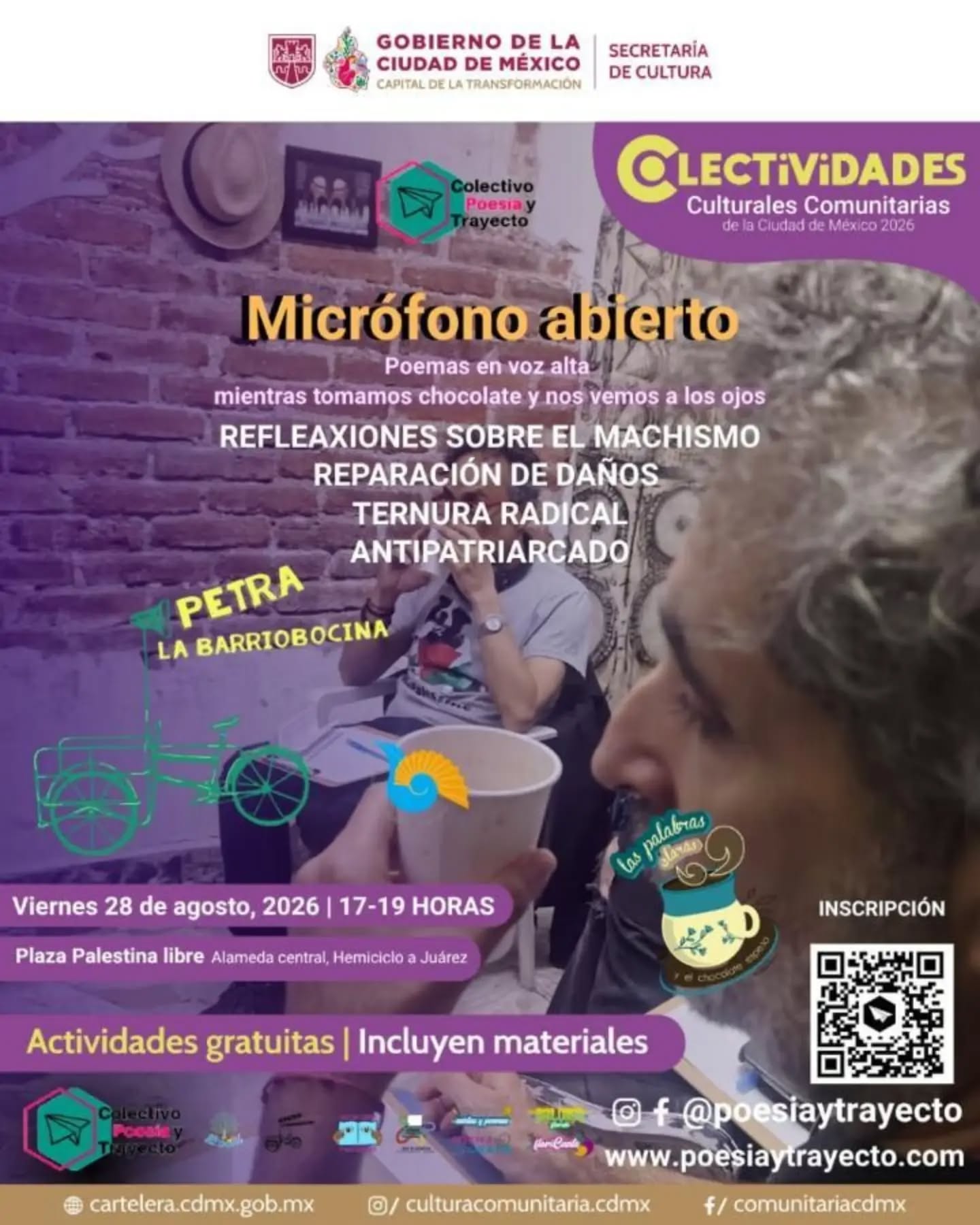 LAS PALABRAS CLARAS Y EL CHOCOLATE ESPESO ☕️
📍Nos vemos este viernes 28 de agosto
📍17 a 19 hrs
📍Plaza Palestina libre (Alameda Central, Hemiciclo a Juárez)
🔥Micrófono abierto: "Reflexiones sobre el machismo, reparación de daños, ternura radical, antipatriarcado"
🔥Trae tu voz, tu texto, tu palabra y acompáñanos en esta tarde para vernos a los ojos tomando chocolate, nombrando sentencias.
Junto a @circuloderefleaccionmasculina
Gracias al apoyo @colectividades_culturales