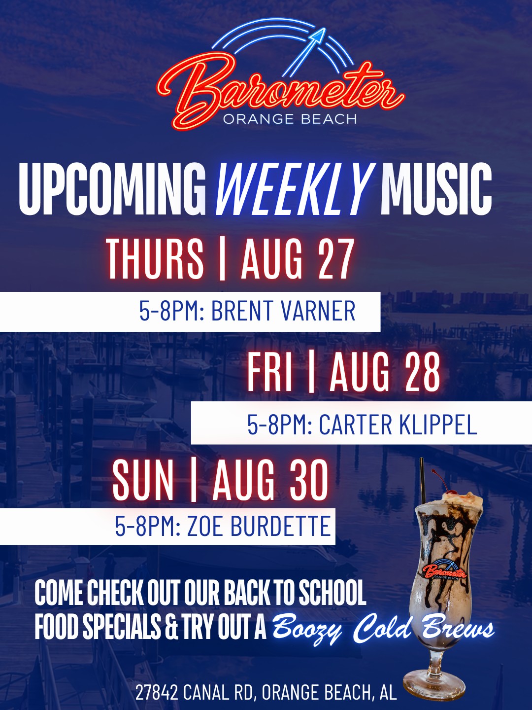 Live music + waterfront views = the kind of week we’re looking for. 🎶🌊🍹
Come hang out at Barometer, grab a cold drink, order something good, and catch this week’s lineup:
🎸 Thursday | Brent Varner | 5–8 PM
🎶 Friday | Carter Klippel | 5–8 PM
🎤 Sunday | Zoe Burdette | 5–8 PM
Plus, there’s still time to try our Back to School food specials and one of our Boozy Cold Brews before August wraps up. ☕️🍹
Good food, cold drinks, live music, and a seat by the water—we’ll see you this week! ☀️