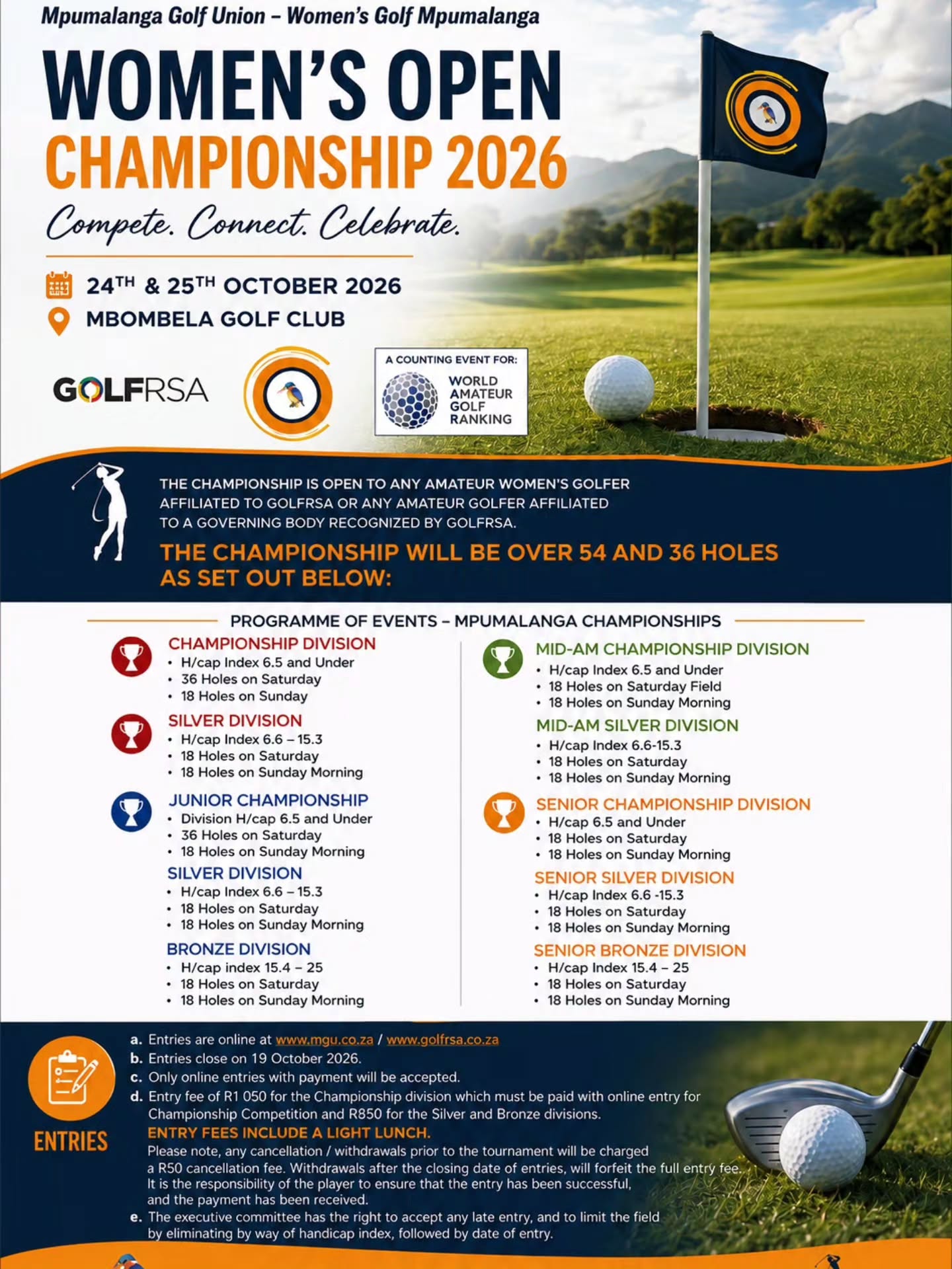 🏌️♀️⛳ MPUMALANGA WOMEN’S OPEN 2026 ⛳🏌️♀️
The Mpumalanga Women’s Open is coming up this October at Mbombela Golf Club!
Get ready for a fantastic celebration of women’s golf, great competition, sportsmanship and plenty of Lowveld hospitality. 🌿🏆
Whether you’re chasing the title or simply love competitive golf, this is one event you don’t want to miss!
📍 Mbombela Golf Club
📅 24th and 25th October 2026
🏆 Mpumalanga Women’s Open
💥Click on the link below to enter: 💥
https://mpumalanga.cw.za.prod.dotgolf.co.za/tournament-detail?tournamentid=1324&competitionid=1442&clubid=123
#MpumalangaWomensOpen #MpumalangaGolf #WomensGolf #LadiesGolf #MbombelaGolfClub GolfMpumalanga GrowTheGame WomenInGolf GolfSouthAfrica