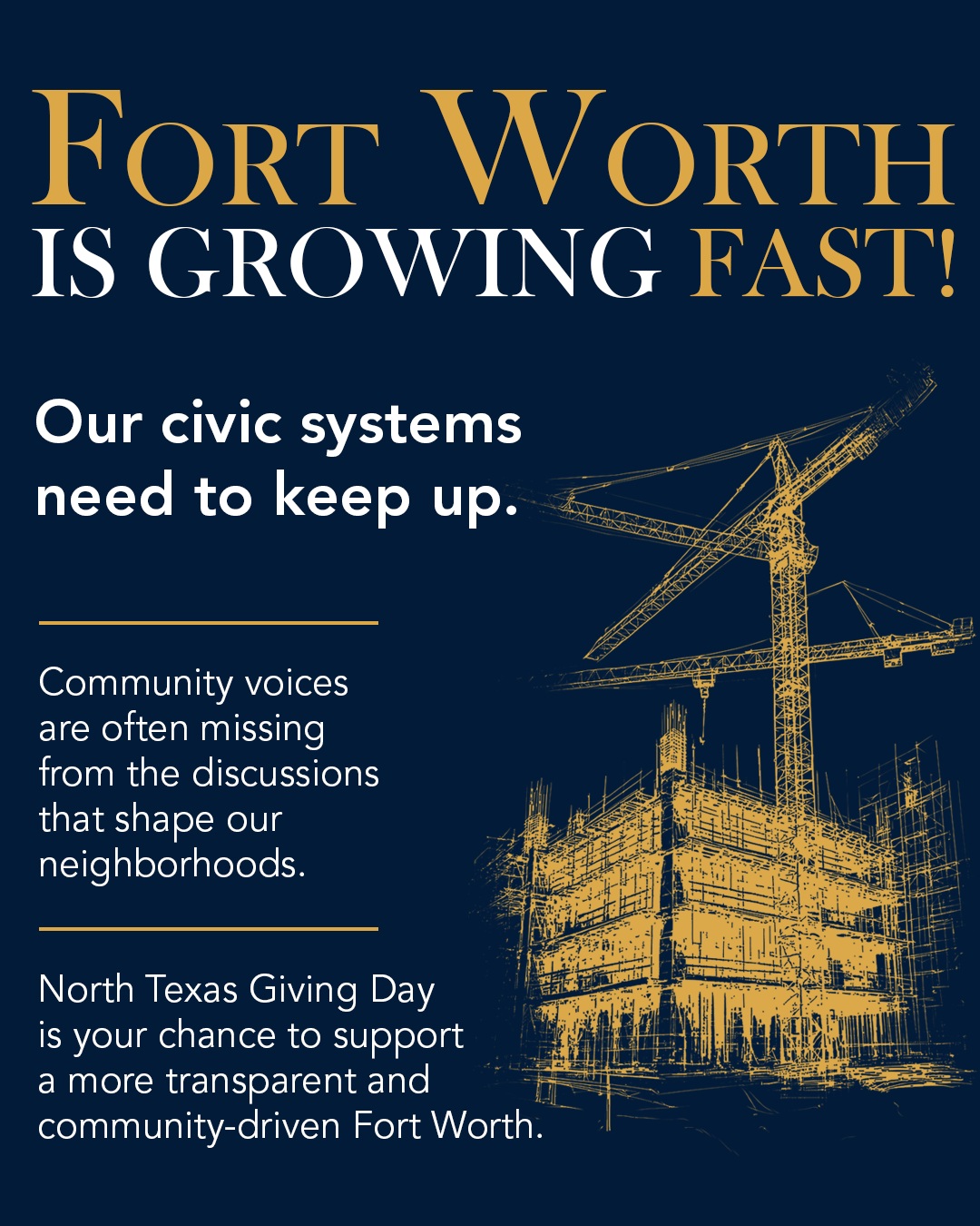 Howdy, neighbors. When times are uncertain, having the ability to give is something to be grateful for.
This North Texas Giving Day, if you’re fortunate enough to have a little extra to share, please consider putting it toward something that helps build a stronger community for everyone.
At Community Design Fort Worth, we believe the places where we live, work, learn, and gather should be responsive to the people who call them home. Through community-centered design, education, and collaboration, we work alongside neighborhoods and organizations to help create a more resilient and responsive Fort Worth—especially for those who may not have the resources or opportunity to shape their surroundings on their own.
Not everyone can give right now. But if you can, your generosity can help make sure more people have a voice in the future of their communities.
Your support helps Community Design Fort Worth continue doing the work of connecting people, ideas, and design to create meaningful, lasting change.
Go to NorthTexasGivingDay.org and search Community Design Fort Worth to donate now through September 17, 2026. Give today. Shape tomorrow.