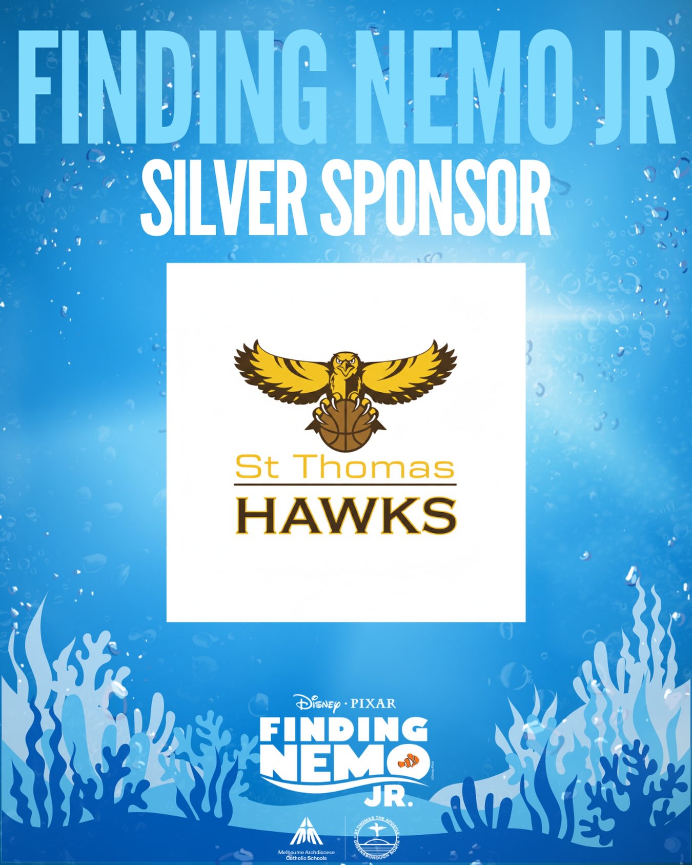 We’re thrilled to have St Thomas Basketball Club supporting our Finding Nemo Jr. production as a sponsor!
Their generous sponsorship, along with a fantastic raffle prize, is helping us bring this exciting production to life and support our talented students both on and off the stage.
We are incredibly grateful for your generosity and for supporting our school community.
From the court to the stage, thank you for being part of our Finding Nemo adventure!