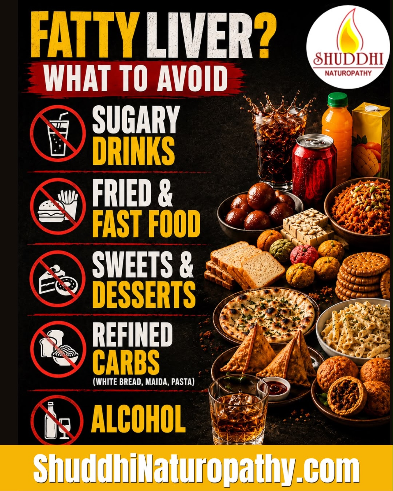 How to reduce liver fat?
Fatty liver is often linked with lifestyle and dietary habits. While overall nutrition matters more than any single food, regularly consuming sugary drinks, fried and fast foods, sweets, refined carbohydrates, and alcohol may make maintaining liver health more difficult.
🥤 Cut back on sugary beverages
🍟 Limit fried & highly processed foods
🍰 Keep sweets and desserts occasional
🍞 Choose whole grains over refined carbs
🍺 Avoid or limit alcohol as medically appropriate
Small, sustainable food choices can support your overall wellness. 🌿
What’s one food habit you would find hardest to change? Tell us in the comments.
Follow Shuddhi Naturopathy for simple insights on natural wellness, healthy lifestyle habits, nutrition and holistic living.
Save this post as a reminder and share it with someone working towards healthier everyday habits.
Who is Dr. Anjali Sharma?
Dr. Anjali Sharma is a Naturopathy & Holistic Health Expert in Dwarka, Delhi, helping individuals work towards better health through lifestyle correction, natural therapies, acupuncture and drugless wellness approaches.
What are Shuddhi’s wellness products?
Shuddhi’s wellness range includes Herbal Teas, Nabhi Oils, Potli Therapies, Herbal Soaps, Skincare, Haircare Essentials, Essential Oils and other natural wellness products made using herbs and natural ingredients to support everyday wellness.
Share this with someone who enjoys simple, natural skincare and wellness routines.
Healthy wellness for all.
.
.
.
#ShuddhiNaturopathy #FattyLiver #HealthyLiver #HealthyEating #HealthyLifestyle