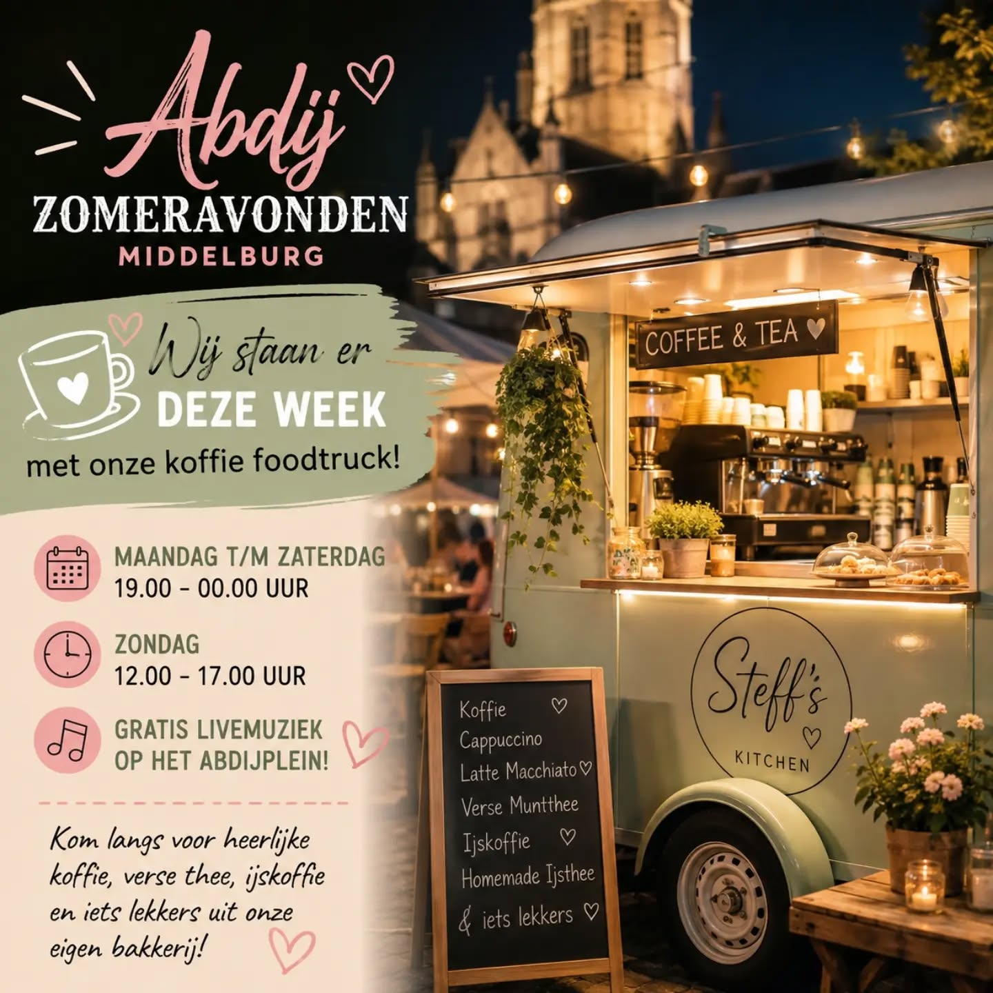 ☀️ Dinsdagavond = gezelligheid op het Abdijplein! ☕️🎶
Vanavond staan wij weer met onze koffie foodtruck bij de Abdij Zomeravonden in Middelburg! 💚
Kom lekker genieten van een goede kop koffie, cappuccino, latte macchiato of verse muntthee. Liever iets kouds? Ga dan voor een heerlijke ijskoffie of homemade ijsthee! 🧋☕️
En natuurlijk hebben we ook weer volop lekkers uit onze eigen bakkerij. 🍰🤎
🎶 Gratis livemuziek
📍 Abdijplein, Middelburg
⏰ Vanavond van 19.00 tot 00.00 uur
Zoek een plekje op het plein, geniet van de muziek en kom gezellig bij ons langs! ❤️
Tot vanavond! ☕️🎶