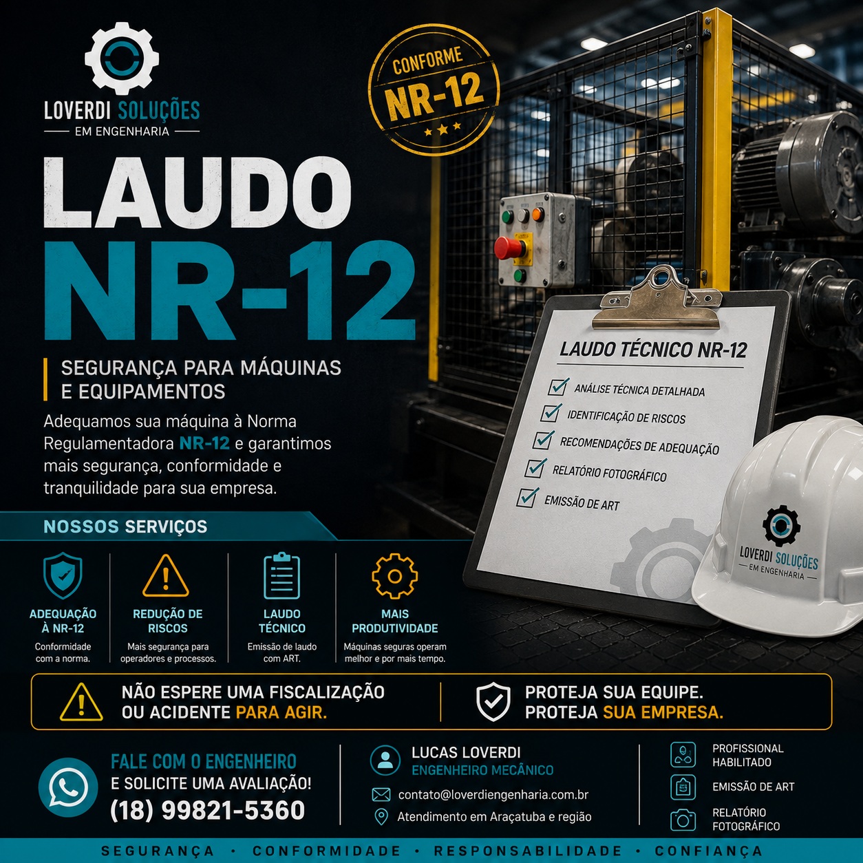 🔧 **Sua máquina está adequada à NR-12?**
A segurança de máquinas e equipamentos vai além de atender à legislação: é fundamental para proteger os trabalhadores, reduzir riscos de acidentes e evitar problemas em fiscalizações.
A **Loverdi Soluções em Engenharia** realiza **Laudo Técnico NR-12**, incluindo:
✅ Análise técnica da máquina
✅ Identificação dos riscos
✅ Recomendações para adequação
✅ Relatório fotográfico
✅ Emissão de ART
Atendimento para **Araçatuba e região**.
📲 Solicite uma avaliação: **(18) 99821-5360**
**Lucas Loverdi | Engenheiro Mecânico**
#NR12 #EngenhariaMecânica #SegurançaDoTrabalho #SegurançaDeMáquinas #LaudoNR12 #ART #AdequaçãoNR12 #Indústria #MáquinasEEquipamentos #Araçatuba #Engenharia