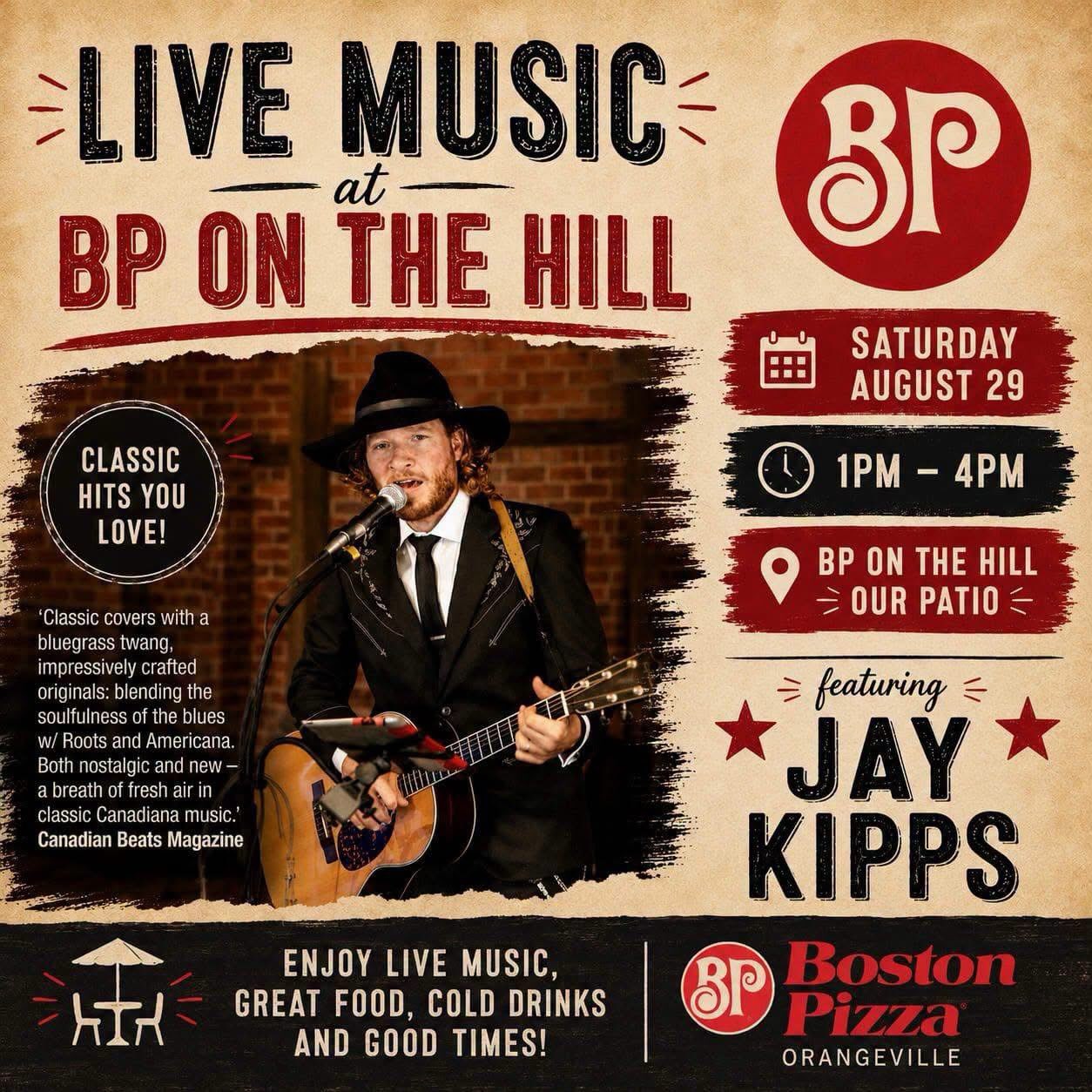 Some Saturdays become memories. Make this one count. ❤️
Join me this Saturday, August 29, from 1 pm - 4 pm at BP On The Hill for classic hits and originals, cold drinks, great food, and patio vibes worth soaking up.
See you there! @bporangeville
@jaykippsband
#orangeville #bostonpizza #bponthehill #livemusic #jaykipps