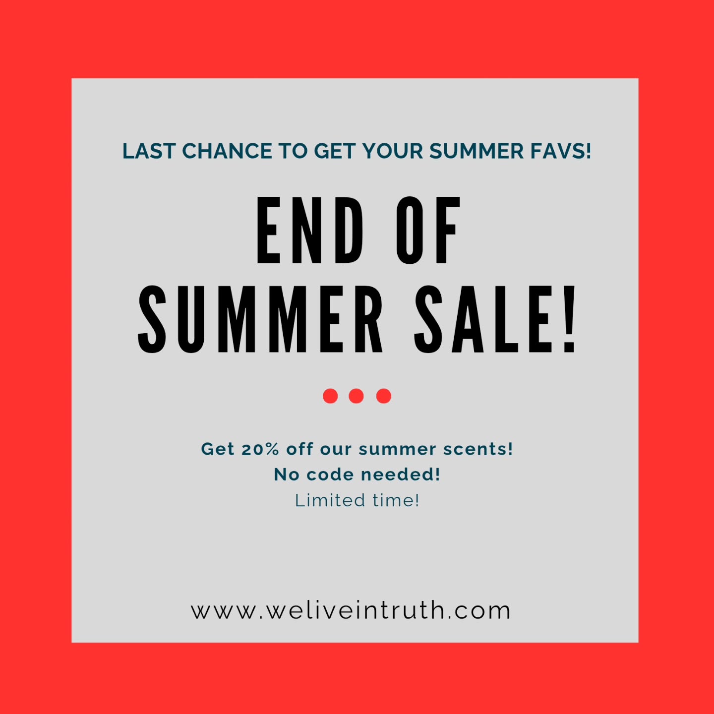 Catch the summer scent and hold on to summer a little longer with out summer discount.
These scents will no longer be available until next summer!
Check out our website no code needed!
This sale ends Sept 1st!