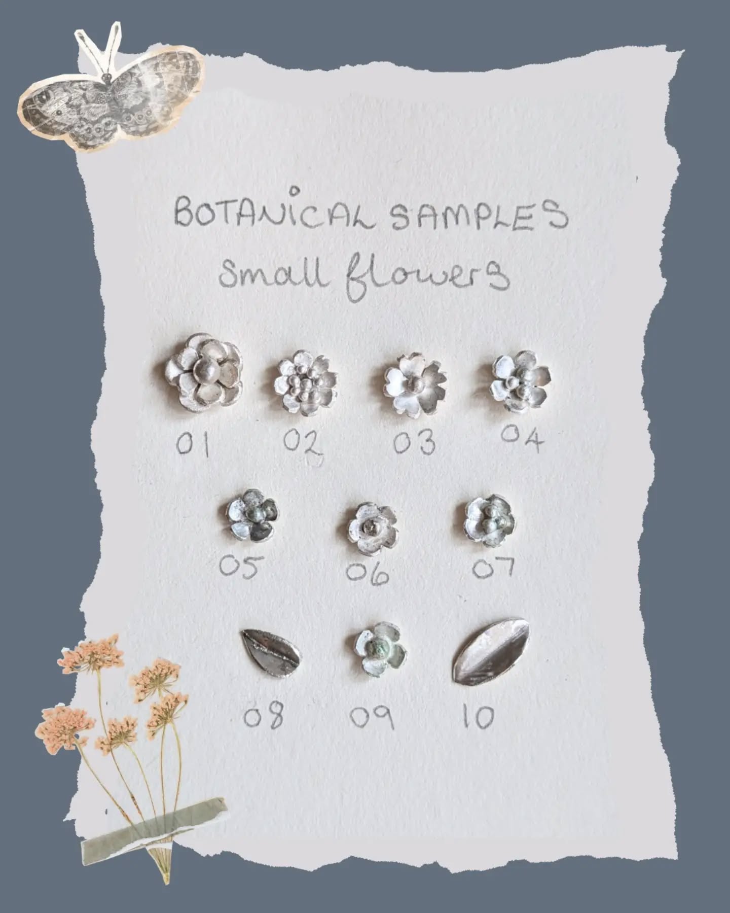 I love making these little silver flowers. They’re going to be used in some necklace designs, but I thought they looked rather cute all laid out together like this.
I’ll be busy today making a few more of each one, then comes the fun part of deciding which flowers will go with which necklace!