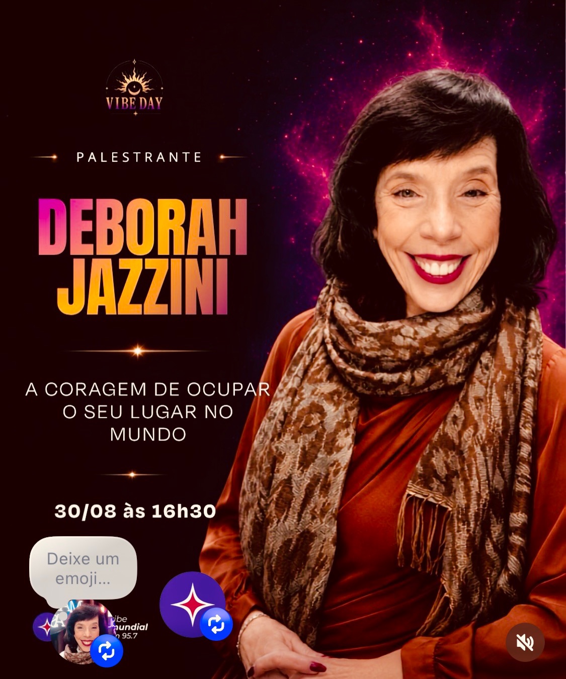 Neste final de semana estarei no Vibe Day, vivendo dois dias de encontros, trocas, experiências e muitas boas conversas. ✨
E no domingo, às 16h30, estarei no palco com a palestra “A Coragem de Ocupar o Seu Lugar no Mundo”.
Porque talvez a pergunta não seja apenas qual é o seu lugar?
Talvez seja: o que ainda está impedindo você de ocupá-lo?
📍 Vibe Day
🗓️ 29 e 30 de agosto
📌 Hotel Gran Villaggio — Rua Martins Fontes, 330 — São Paulo
🎤 Minha palestra: domingo, 30/08, às 16h30
🎟️ Entrada gratuita, sujeita à lotação.
Espero você por lá.
Que o melhor aconteça.
@dehjazzini #autoconhecimento #mentoriaonline #tarot #astrologiavivencial