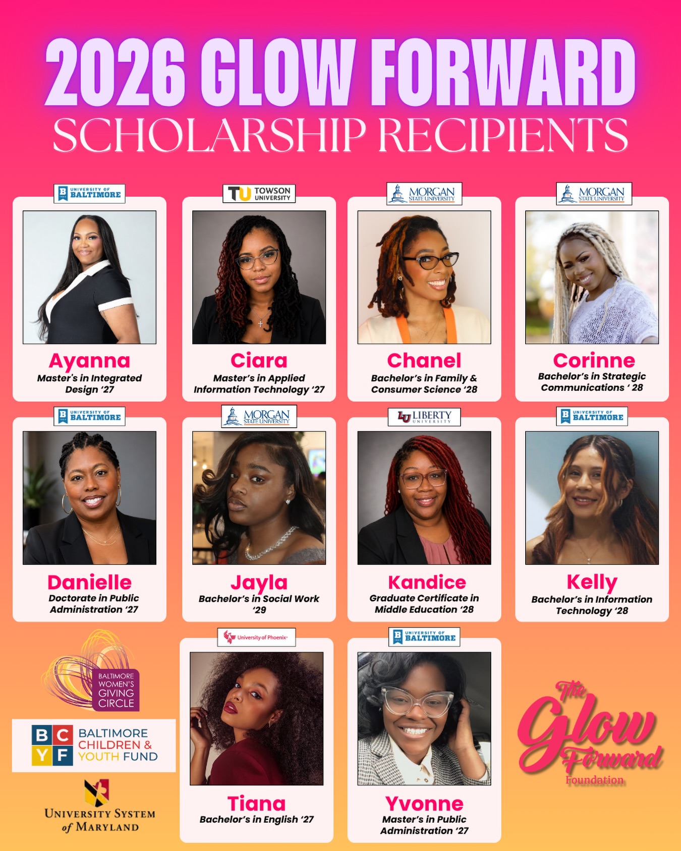 ✨ Meet our 2026 Glow Forward Scholarship Recipients! ✨
We’re so excited to celebrate the incredible moms who are continuing to invest in their education, their families, and their ambitions. 💞🎓
To our 2026 Scholars: this is your moment. Keep going. Keep growing. Keep glowing. ✨
And to every donor, partner, and supporter who makes opportunities like this possible, thank you for helping us pour into the women at the heart of our mission. 💗
Come meet our scholarship recipients and other members of our Glow Forward community, and learn more about how we support young and single moms, their children, and their goals at our Community Kickoff on August 30th!
Meet your Village, learn about our new membership community, and see what’s next for Glow Forward. ✨
📅 Sun, August 30th | 2 to 4 PM
📍 @collegeboundfnd | 2507 N. Howard St.
🔗 Link in bio to register!
#TheGlowForwardFoundation #GlowForwardScholars #GlowForward #Baltimore #SingleMoms