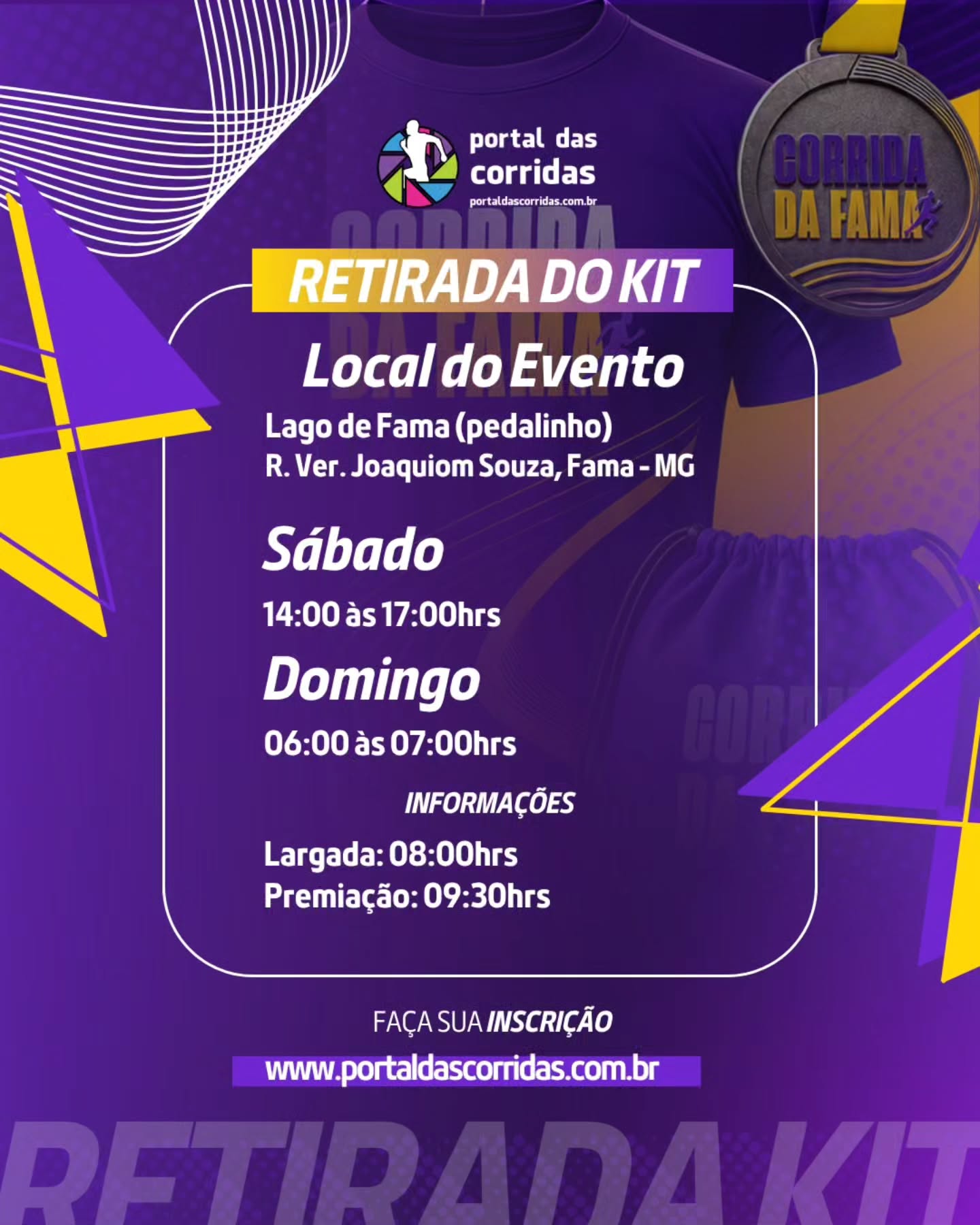 Retirada do kit — 4ª Corrida da Fama
Está chegando a hora! 🏃♀️🏃♂️💜
Confira as informações importantes para a retirada do kit da 4ª Corrida da Fama e programe-se para não deixar nada para a última hora.
📍 Local: Lago de Fama (Pedalinho) — R. Ver. Joaquim Souza, Fama-MG
🗓️ Sábado: 14h às 17h
🗓️ Domingo: 6h às 7h
🏁 Largada: 8h
🏆 Premiação: 9h30
Salve este post e compartilhe com quem também vai participar! 💜
#corridadafama #portaldascorridas #corridaderua #famamg #running