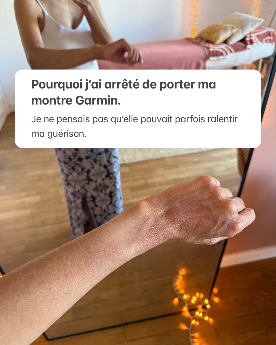 Pendant longtemps, ma Garmin m’a énormément aidée.
Elle m’a permis de comprendre mon POTS, de repérer certains déclencheurs, de mieux gérer mon activité.
Je ne suis absolument pas contre les montres connectées.
Mais je me suis rendu compte que j’étais passée d’un outil… à une dépendance.
Je vérifiais mes chiffres plusieurs dizaines de fois par jour.
Et parfois, je me sentais inquiète avant même d’avoir ressenti quoi que ce soit, simplement parce qu’une donnée n’était “pas bonne”.
En travaillant sur le reconditionnement du système nerveux, j’ai réalisé que cette surveillance permanente pouvait aussi maintenir mon cerveau dans l’idée que quelque chose devait être surveillé en permanence.
Et je réapprends doucement à écouter mon corps plutôt que de regarder mon écran 🧡