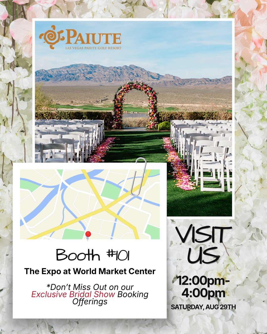 ✨ Reminder: Come visit us at the Bridal Show tomorrow, August 29th at The Expo at World Market Center! ✨
📍 Booth #101
🕐 12:00pm – 4:00pm
We’re bringing exclusive Bridal Show booking offers you won’t want to miss:
💍 Book your 2026 wedding with Paiute before September 1st → receive a $2,500 credit toward any area of your event
💍 Book your 2027 wedding with Paiute before October 1st → receive a $500 credit toward any area of your event
Come say hello and lock in these limited-time savings! 💕
@lasvegasweddingshow @foreverandcompany
📸 @studio_n_photography
#LasVegasWeddings #EventsbyPaiute #BridalShow #VegasBride #WeddingVenue #LasVegasPaiuteGolfResort