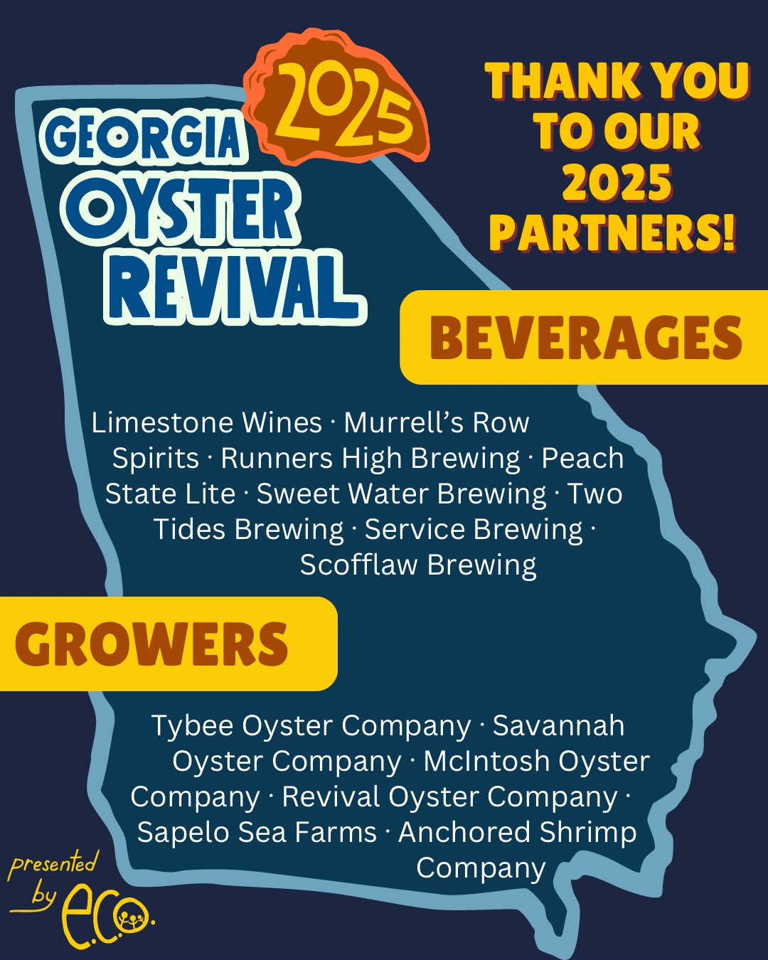 Throwing it back to the 2025 Georgia Oyster Revival!
A heartfelt thank you to our beverage partners and growers who showed up for ECO and helped make the 2025 event so special. Your generosity, collaboration, and dedication to Georgia’s oyster industry and coastal communities mean so much to us.🦪🍻
To our oyster growers, thank you for sharing your hard work, knowledge, and passion for Georgia’s coast. And to our beverage partners, thank you for helping us create a memorable experience for everyone who came together to celebrate Georgia oysters and the people who make this industry thrive. ⛴️
Your support goes far beyond one event. Together, we’re creating meaningful experiences, connecting people to their coast, supporting environmental education, and inspiring the next generation to care for and protect the places we all love. 🌊
To everyone who donated, partnered, shucked, poured, shared, and supported the 2025 Georgia Oyster Revival, thank you! We’re incredibly grateful to have you as part of the ECO community. 💙
And as always, we can’t wait to celebrate with you again at the 2026 Georgia Oyster Revival on November 8th, 2026! Get your tickets now! 🥳