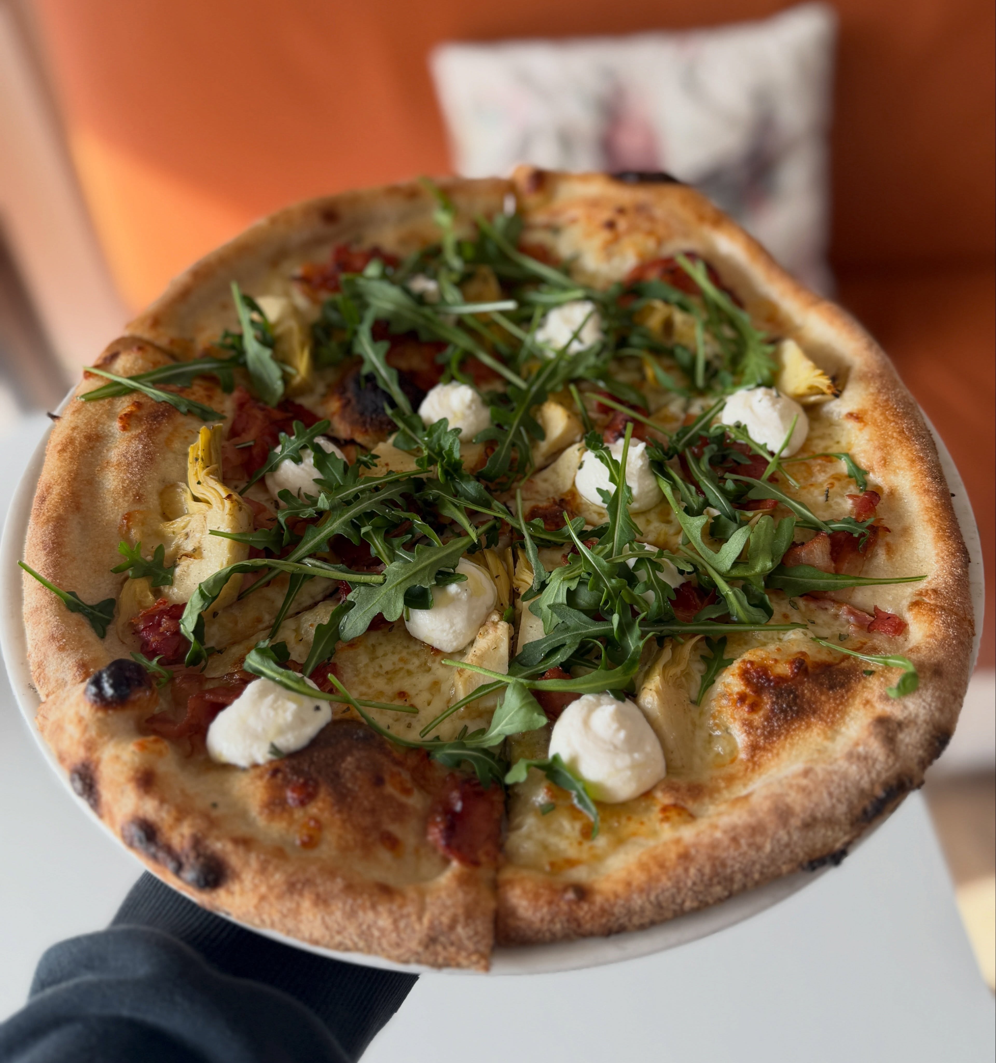 Pizza Special this week.. White base, Pancetta, Artichoke
Whipped Honey ricotta, Rocket and Rosemary.