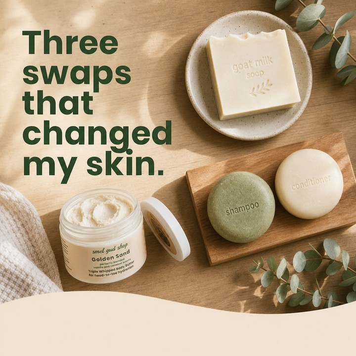 Three simple swaps that transformed my daily routine -- and my skin is thanking me for it.
One: Liquid body wash to Goat Milk Soap. Gentle, nourishing, and plastic-free.
Two: Heavy drugstore lotion to Whipped Vegan Body Butter. Absorbs in seconds, no greasy feel.
Three: Plastic shampoo bottles to Shampoo + Conditioner Bars. Zero waste, zero compromise.
The smallest changes make the biggest difference. Which swap would you try first?