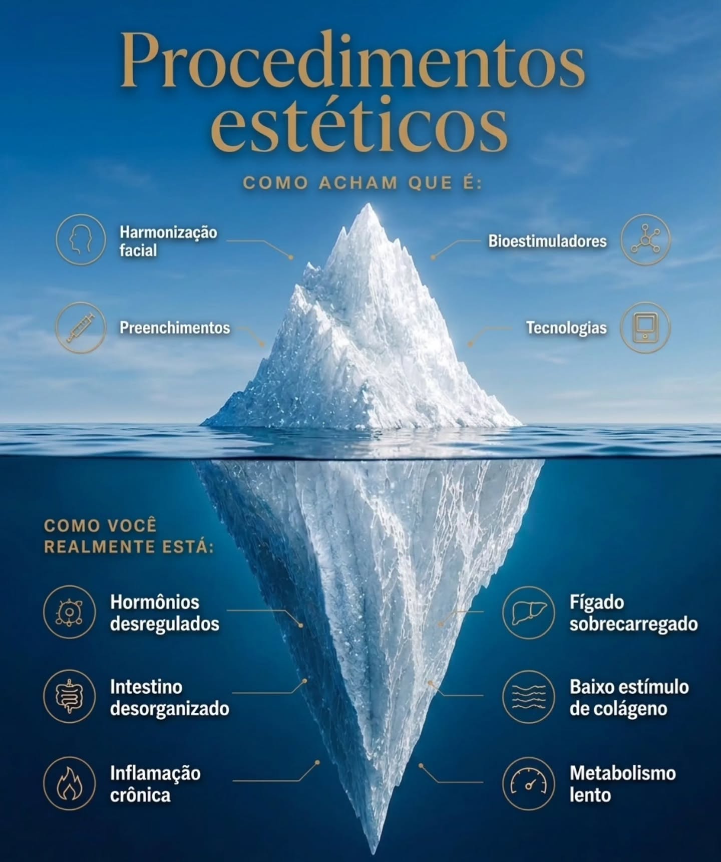 O que está escondido no seu iceberg? 🧊✨
Quando pensamos em um procedimento estético — seja um preenchimento, bioestimulador ou laser — estamos vendo apenas a ponta do iceberg.
Mas e a sua base, como está? 🤔
Como Médica Dermatologista e Nutróloga, vejo diariamente que a pele reflete diretamente a saúde interna. De nada adianta investir na melhor tecnologia se por dentro houver:
🧬 Hormônios desregulados
🦠 Intestino desorganizado
🔥 Inflamação crônica e metabolismo lento
É aí que entra a medicina integrativa:
trato a causa, e não apenas o sintoma!
Quando ajustamos a nutrição e desinflamamos o organismo de dentro para fora, os procedimentos estéticos duram muito mais e o resultado é infinitamente mais natural.
A verdadeira beleza começa onde ninguém vê!!! 🤍
💬 Você já cuidava da sua saúde interna pensando na saúde da sua pele?
Me conta nos comentários! 👇🏼
