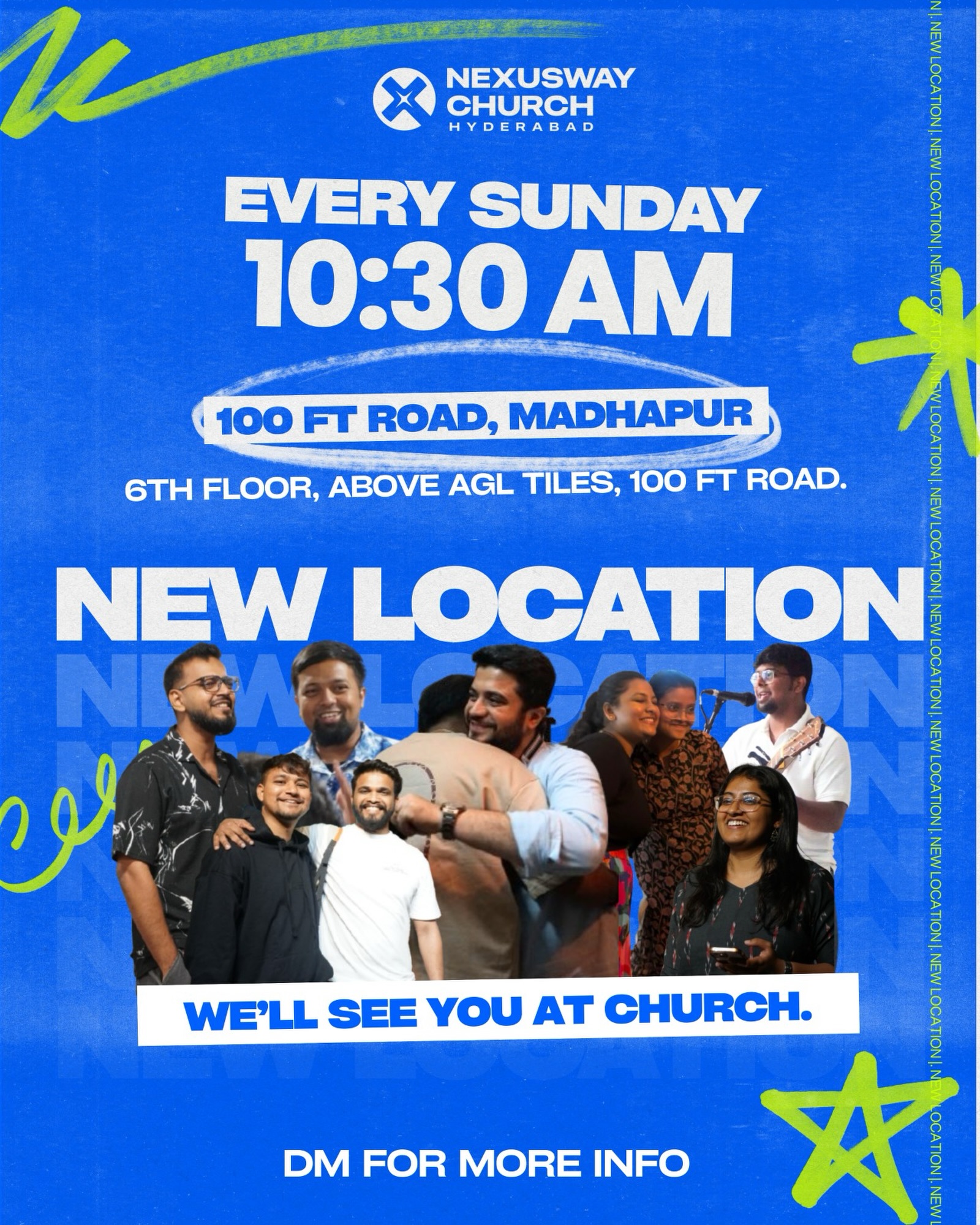 There is a place for you. 🤍
A place to worship.
A place to belong.
A place to grow.
And now, we’re making more room.
Our new location is now at 100 Feet Road, Madhapur.
Come join us this Sunday.