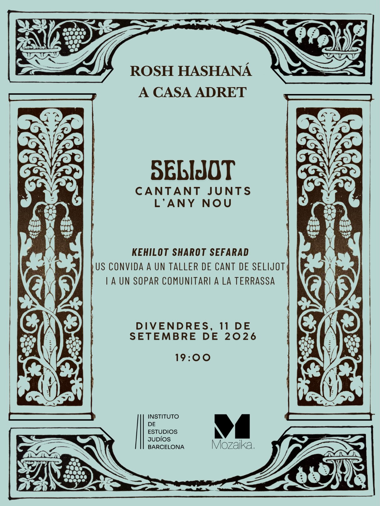 ✡️ Rosh Hashana
Vine a rebre l’Any Nou amb nosaltres, cantant junts.
Les Selijot són una tradició de cant meditatiu i comunitari que ens convida a mirar l’any que deixem enrere, demanar perdó i fer espai per al que vindrà.
El divendres 11 de setembre, hem convidat
Kehilot Sharot Sefarad perquè ens guii en un taller de cant comunitari de Selijot a Casa Adret, amb peces en ladí que han viatjat per comunitats d’arreu del món.
Després, continuarem compartint al voltant d’un sopar a la terrassa — i, és clar, amb una mica de mel per endolcir l’any que comença 🍯
19.00 h
Casa Adret
Tickets al la bio i web de Mozaika
✡️ Rosh Hashanah
Come welcome the New Year with us, singing together.
Selichot is a tradition of meditative and communal singing that invites us to look back on the year we are leaving behind, ask for forgiveness, and make space for what is to come.
On Friday, September 11, we have invited Kehilot Sharot Sefarad to guide us through a communal Selichot singing workshop at Casa Adret, featuring pieces in Ladino that have travelled across Jewish communities around the world.
Afterwards, we’ll continue sharing over dinner on the terrace — and, of course, with a little honey to sweeten the year ahead 🍯
19:00h
Casa Adret
Tickets in the bio and on the Mozaika website
✡️ Rosh Hashaná
Ven a recibir el Año Nuevo con nosotros, cantando juntos.
Las Selijot son una tradición de canto meditativo y comunitario que nos invita a mirar el año que dejamos atrás, pedir perdón y hacer espacio para lo que está por venir.
El viernes 11 de septiembre, hemos invitado a Kehilot Sharot Sefarad para guiarnos en un taller de canto comunitario de Selijot en Casa Adret, con piezas en ladino que han viajado por comunidades de todo el mundo.
Después, continuaremos compartiendo alrededor de una cena en la terraza — y, por supuesto, con un poco de miel para endulzar el año que comienza 🍯
19:00 h
Casa Adret
Entradas en la bio y en la web de Mozaika