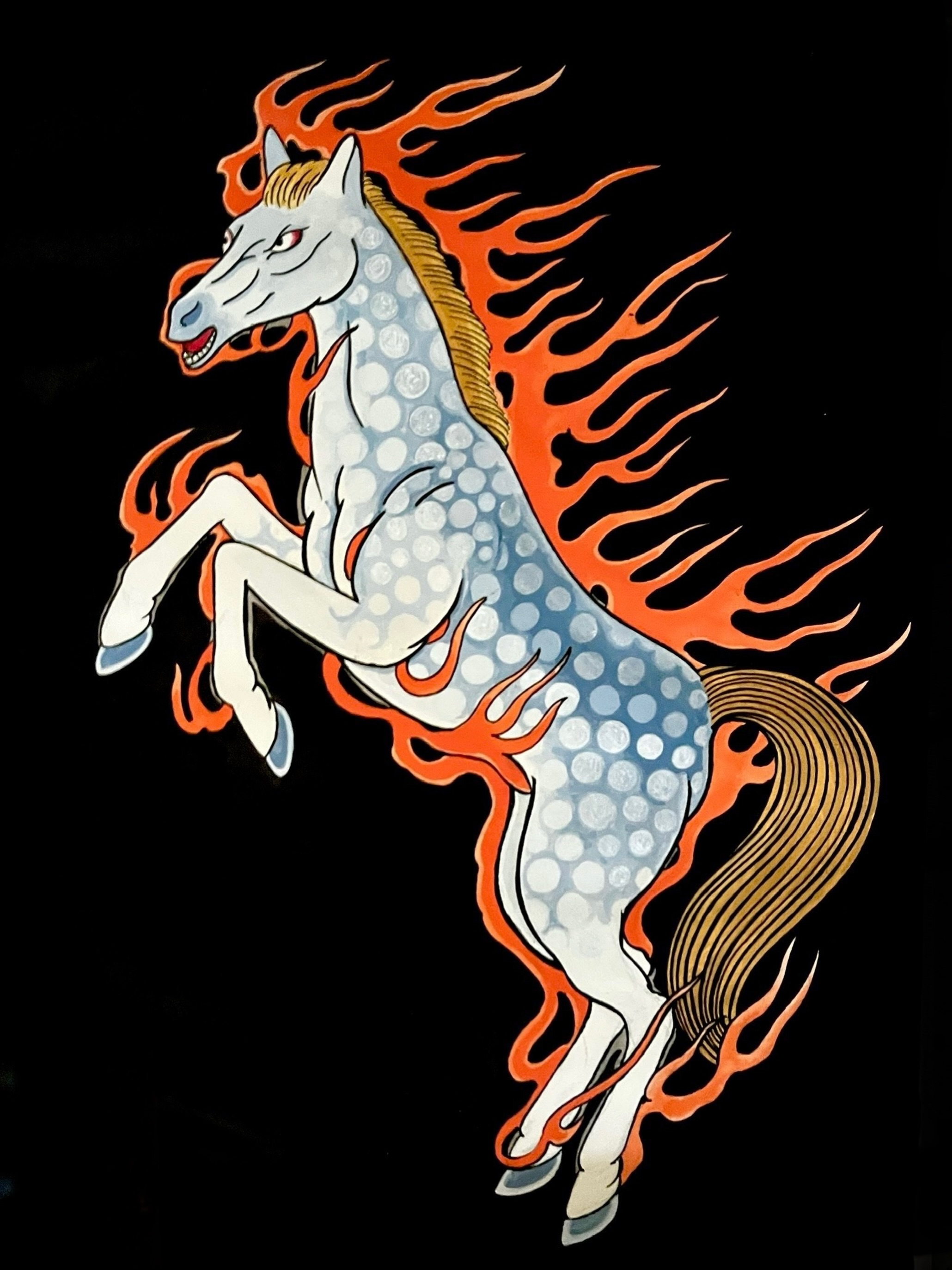 2026 Year of the Fire Horse. Available Design, would work on a sleeve, legs, ribs. #5elementstattoo #horimono #irezumi #leipzig #horsetattoo