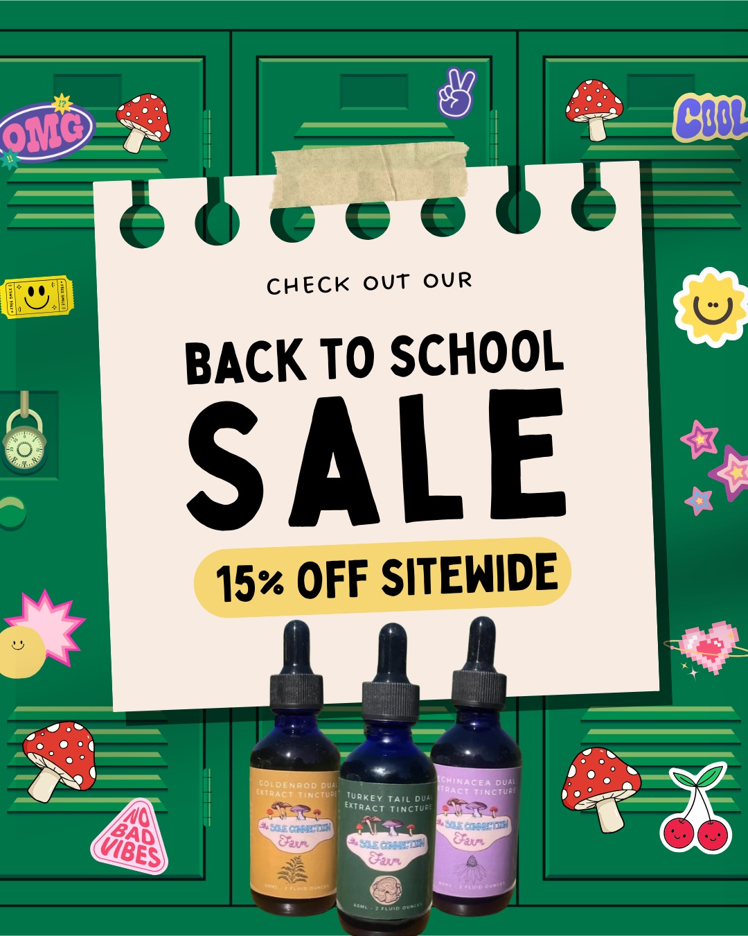 POV: it's syllabus week and your immune system just got the syllabus too. 🧫🎒
Our Back to School Sale is live: 15% off everything on the site, no code needed, through October 1st.
Restocking picks for the season:
Turkey Tail for the immune support everyone starts asking about this time of year, Echinacea for when the whole building's back in close quarters, and Goldenrod if seasonal allergies are ruling your life right now.
Shop now, link in bio. Locker decor not included. 🍄🔒