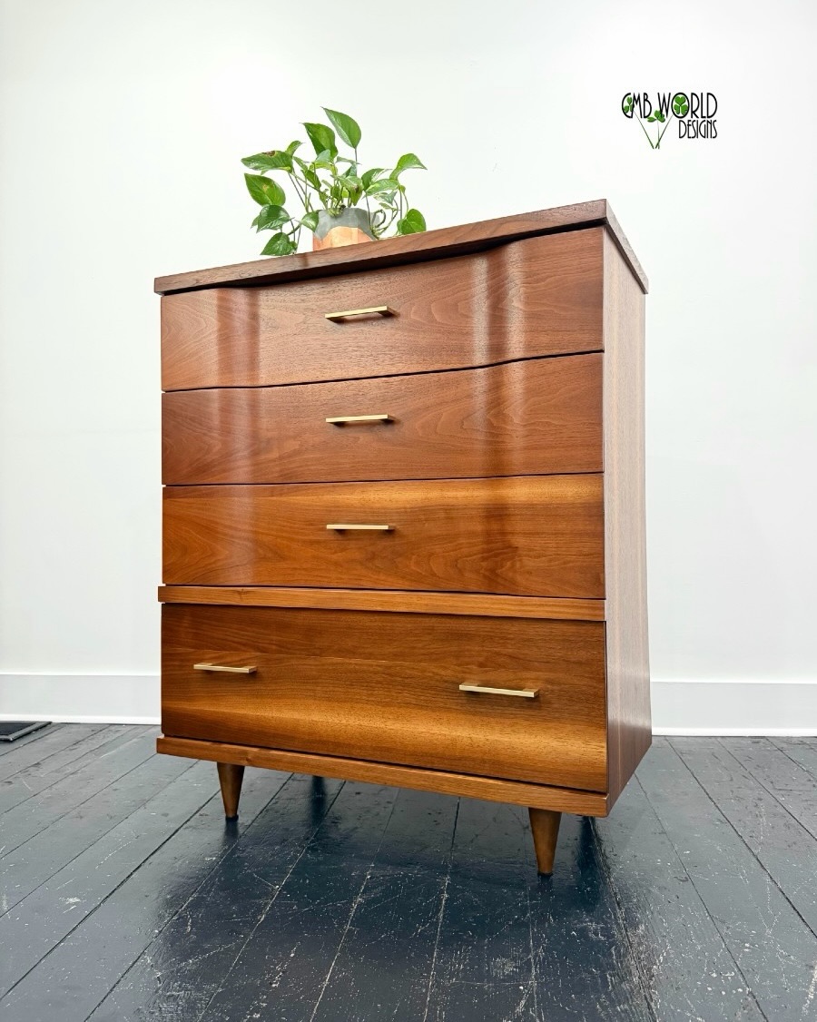 💙 SOLD!! Beautiful and unique walnut mid century modern tallboy with curved drawer fronts. Very spacious 4 drawers and a total showstopper!! As always completely refinished from top to bottom.
