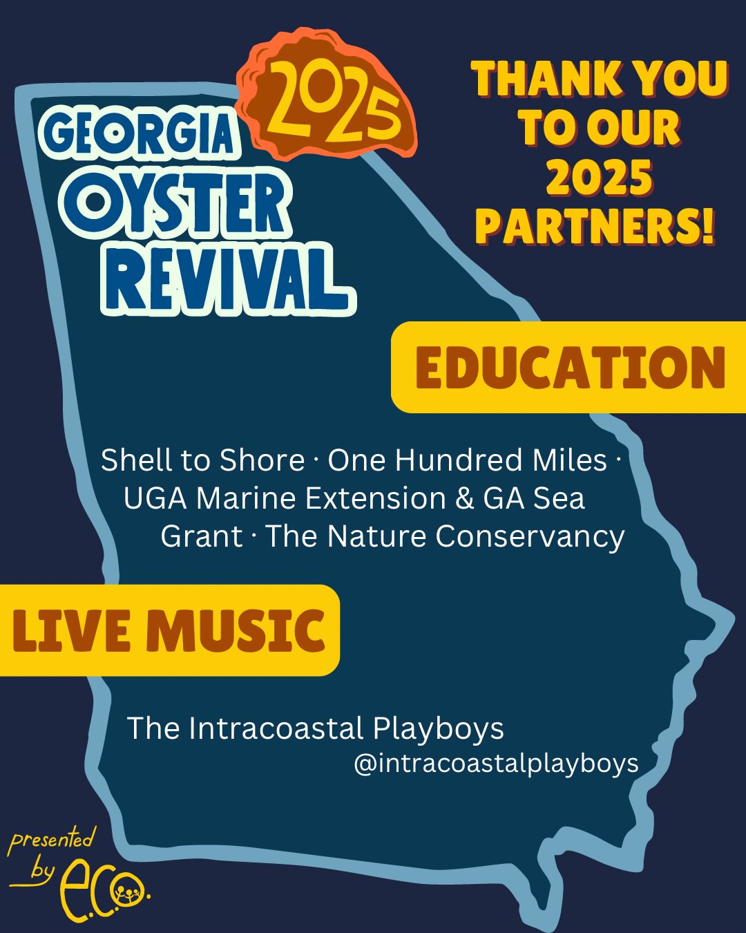 Throwing it back to the 2025 Georgia Oyster Revival! ✨
A huge thank you to our fellow educators, conservationists, advocates, and stewards of Georgia’s coast. We are so grateful for the ways we can work together to inspire, educate, and encourage the next generation of coastal leaders. We truly couldn’t do this without you!🔎🌱
And last, but certainly not least… what’s a party without a band?! 🎶 Thank you to the Intracoastal Playboys for bringing the live music, energy, and fun to the 2025 Georgia Oyster Revival! We’re already looking forward to having them back for the 2026 Georgia Oyster Revival!🎸
To each and every person who contributed in any way to the 2025 Georgia Oyster Revival: THANK YOU. From our partners and volunteers to everyone who shared our story, supported our mission, and got their hands dirty alongside us—we could not do this without this incredible community. 💛
Looking back on the success, collaboration, and camaraderie of last year has us even MORE excited for this year’s Georgia Oyster Revival! 🎉
This year is going to be bigger and better, and tickets are selling fast! If you’ve been before, you already know this is an event you don’t want to miss. And if you’re new to the Revival, consider this your invitation! Come celebrate our coast, support local seafood, and experience an incredible community coming together for a great cause. 🥳
ECO is so grateful to all of our partners for the time, energy, dedication, and hard work that make this event possible.💪
We’ll see you November 8th! You won’t want to miss it! 🦪🪩