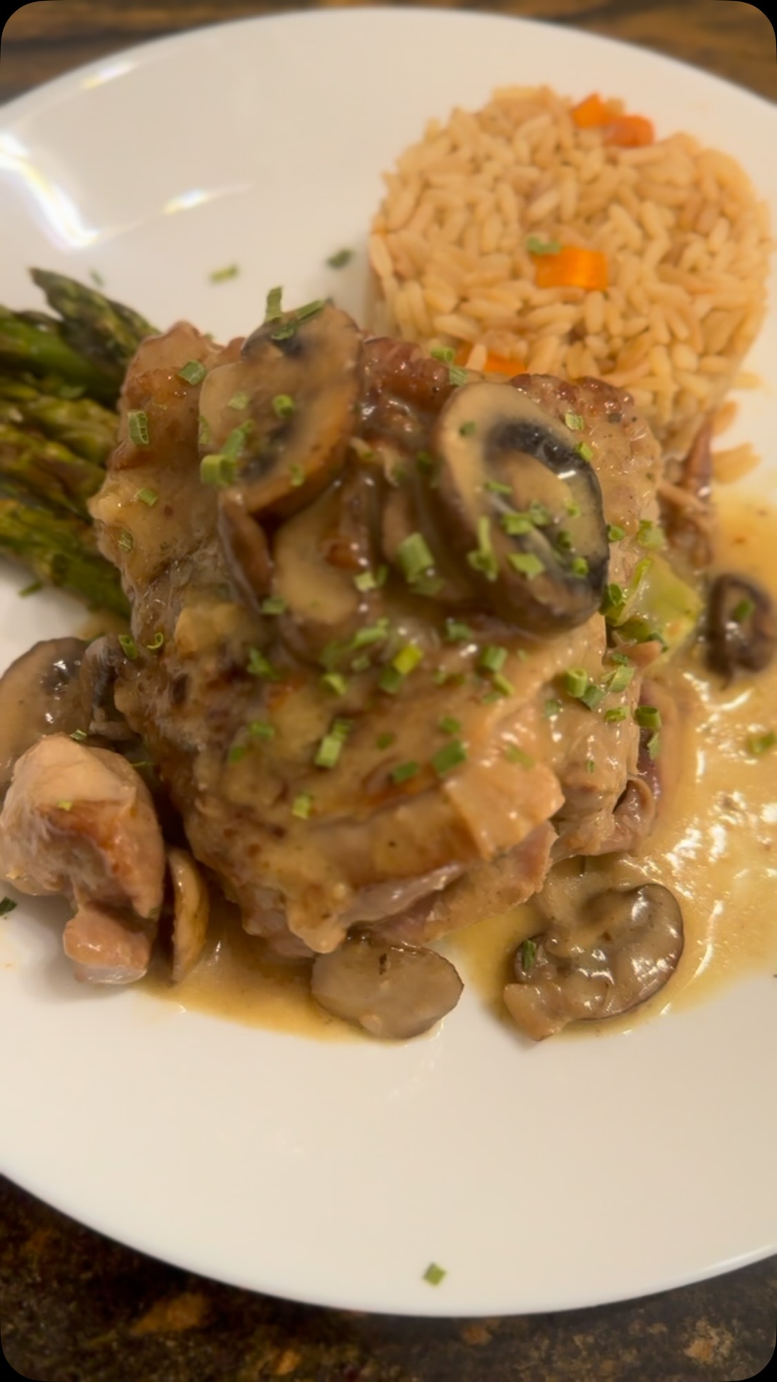 Turkey thighs with a cream mushroom sauce.