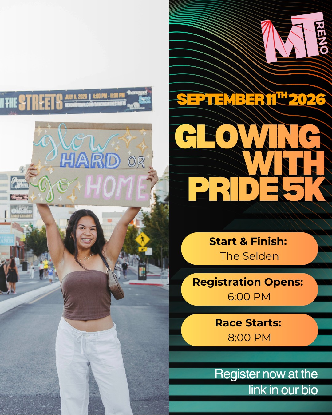 Missing the excitement of Glowing in the Streets? We have good news...we are hosting Glowing with Pride on September 11!
✨The race starts and ends at @theseldenreno
✨Registration begins at 6 PM, and the race begins at 8 PM.
✨Registration Price is $45 from now until September 4 at 11:59 pm
Register now at the link in our bio!
#MidTownReno #GlowingWithPride #Glowing5kSeries #MidTown5K #RenoNV
